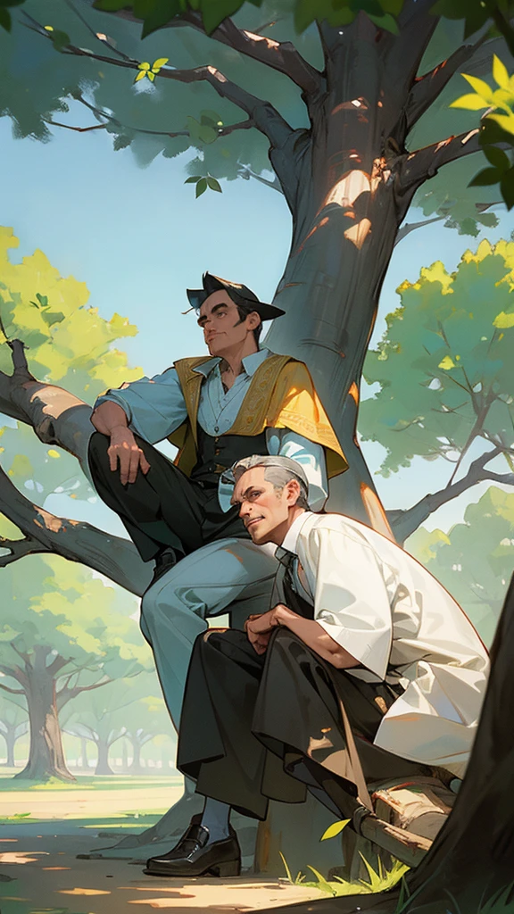 the cowherd man was sitting under a big shady tree