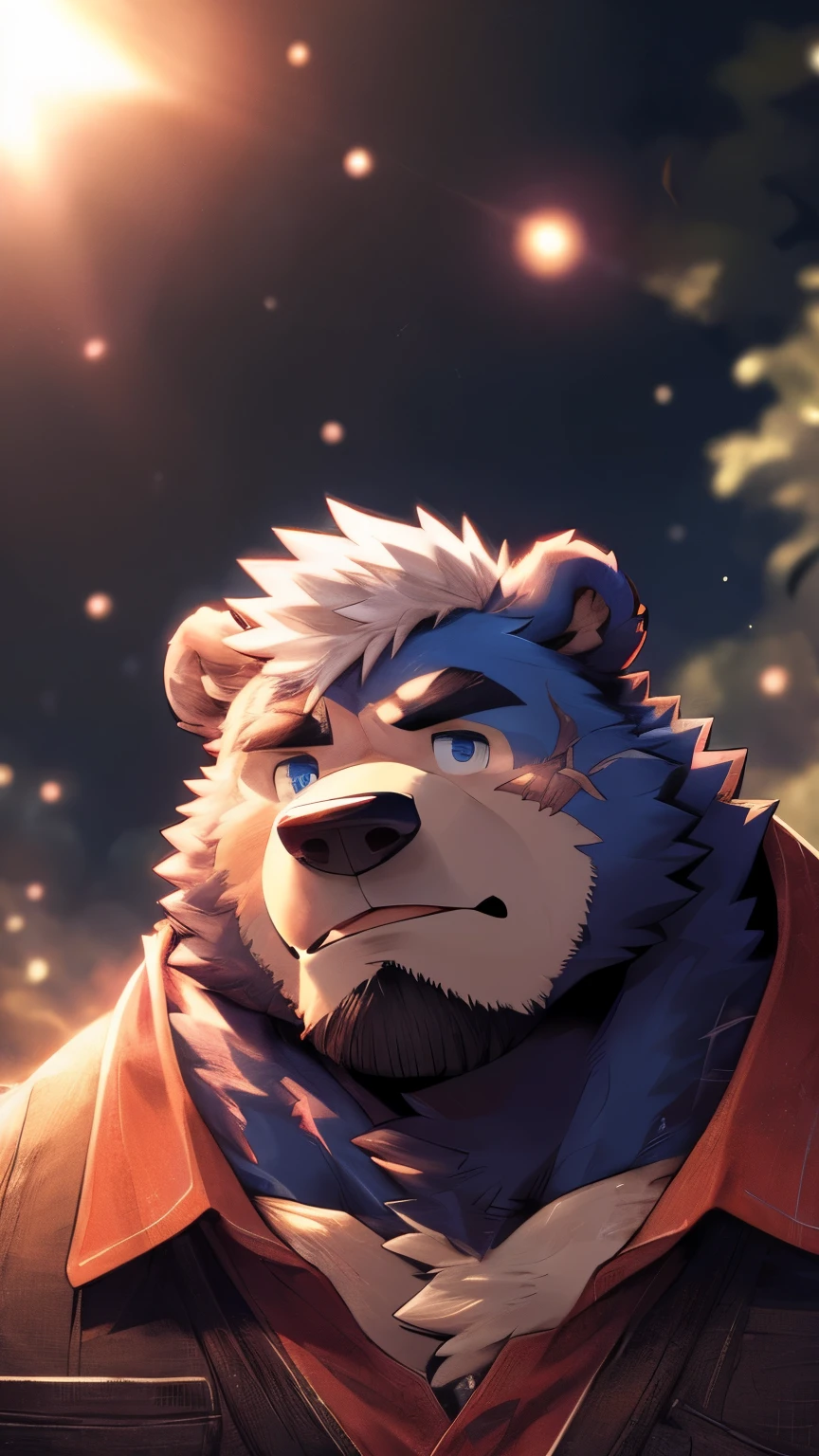 human nature, wild animals, male, 36 years old,uncle,solitary, ((Round Face, The face is plump, Blue Eyes, Thick white hair,Scars)), ((Endomorph, Handsome,Hot Blood)), (Mecha suit,no electricity,exhausted), ((domestic white bear, Bear Orc) Fluffy fur, Fluffy), (bear print), Bokeh, (high quality, high resolution, masterpiece), (Dynamic Lighting, Vibrant colors), (Revitalize,harm,Contempt), Full body pictures (close up), cartoon, author:Takemoto Arashi, From Zixiong, author:Chunni, author:Ethereal,(background:Rainforest)