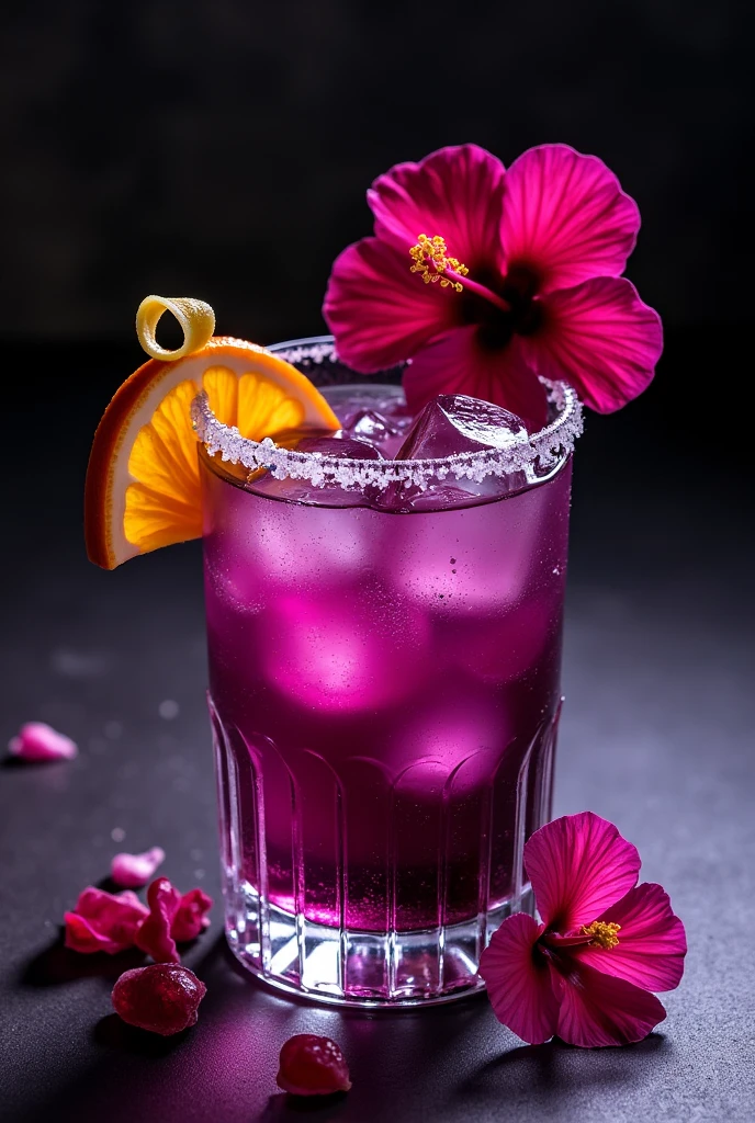 cocktail "Andes Sunset" (Misky Moray)**

**Visual Description:**
- **Color:** The cocktail has a deep dark purple hue, thanks to the purple corn, with dark nuances coming from the coffee and cocoa.
- **vase:** Served in a low glass ("old fashioned") crystal, that highlight the intense color of the drink.
- **ice:** You can see a couple of large ice cubes, clear and transparent that accentuate the elegance of the cocktail.
- **Decor:** A thin orange slice floats on the edge of the glass, while a small twisted orange peel rests delicately on the ice. The rim of the glass may have a subtle touch of quinoa salt for a textural detail.

### **2. cocktail "Amazonian Night" (Selva Lunar)**

**Visual Description:**
- **Color:** A vibrant intense violet hue, almost bright, with a touch of transparency that reflects the purity of the ingredients.
- **vase:** Served in a tall glass "Hurricane", highlighting the striking color of the liquor.
- **ice:** Serve with ice, large, crystalline ice cubes are at the base, elevating the cocktail and making the colors stand out even more.
- **Decor:** The glass is decorated with a pineapple slice on the rim and a hibiscus flower which adds an exotic and tropical touch. The combination of the colors of the fruit and flower contrasts beautifully with the cocktail. Presentation on an altar with liquor elements. 
