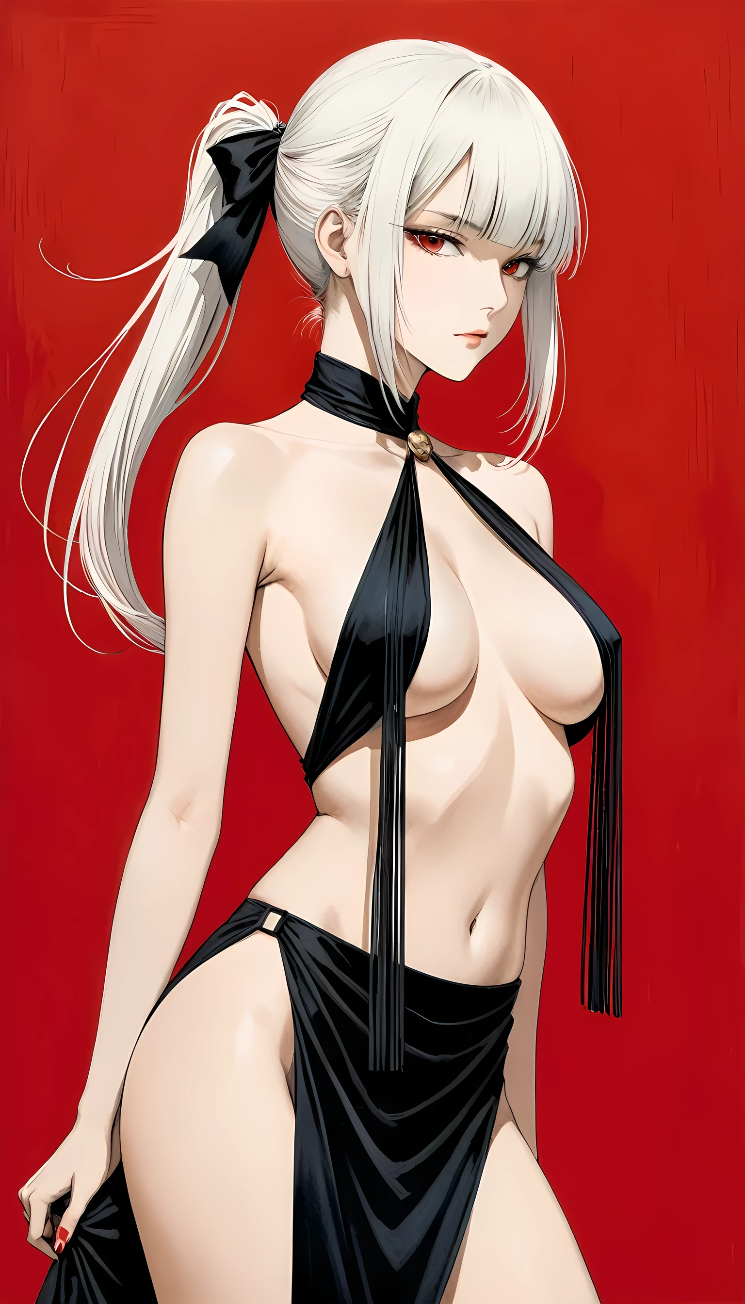 in style of Santiago Caruso,in style of Hans Hartung
(1girl ),white hair,(UnderBoob:1.1),red background,alternate hairstyle,covered chest curtain tassel,blunt bangs,short side hair,incredibly long low pony tail,Absurd artistic,gravure_pose,black hindbrain bow