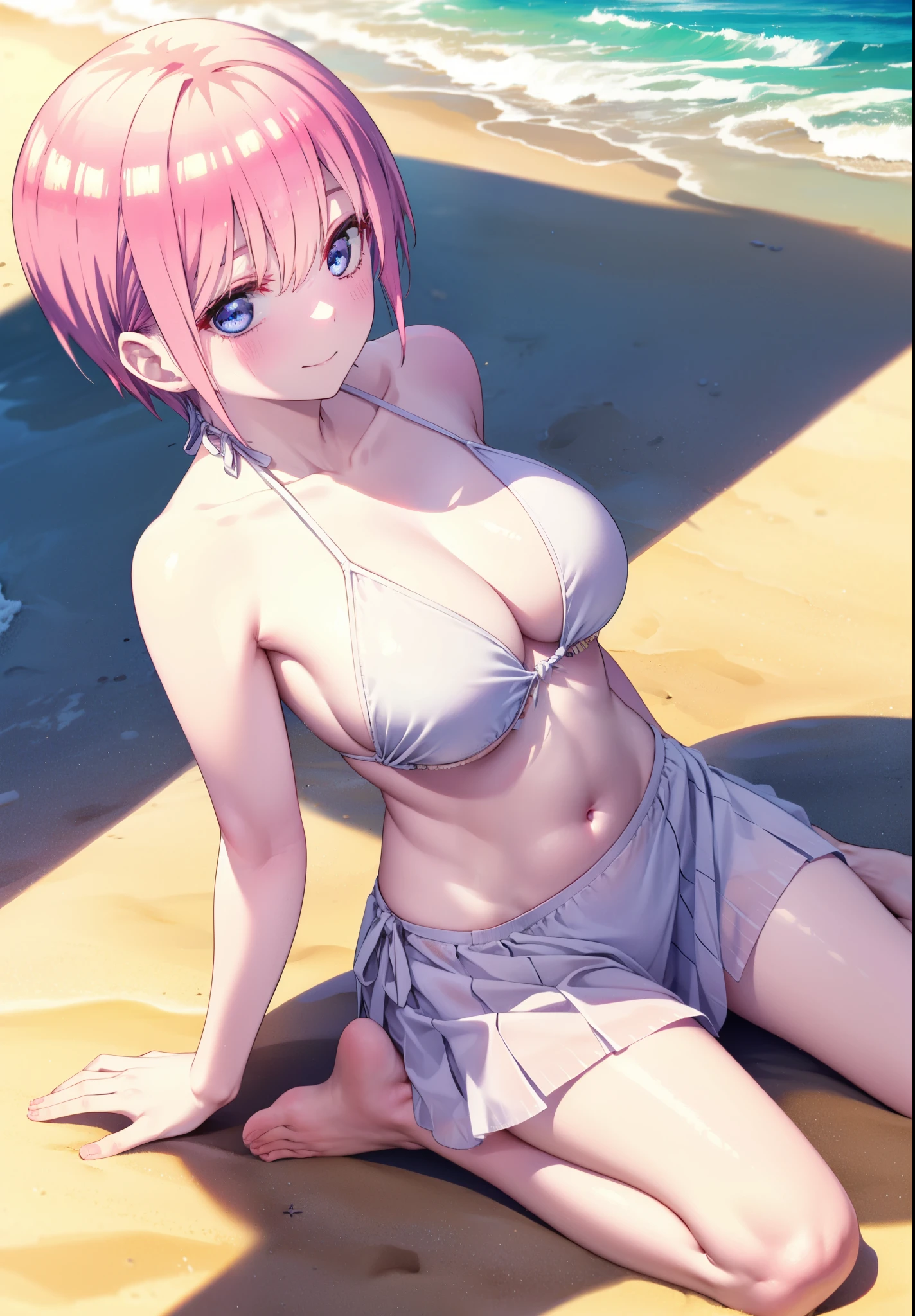 ichikanakano, Nakano Ichika, short hair, bangs, blue eyes, Hair between the eyes, Pink Hair, smile,Big Breasts,White string bikini swimsuit,Pareo Swimsuit,barefoot,Belly button,A thin long skirt is wrapped around her waist,Sandy Beachを散歩している,True Summer,Daytime,Clear skies,whole bodyがイラストに入るように,
break outdoors, Beach,Sandy Beach,
break looking at viewer, whole body,
break (masterpiece:1.2), Highest quality, High resolution, unity 8k wallpaper, (figure:0.8), (Beautiful attention to detail:1.6), Highly detailed face, Perfect lighting, Highly detailed CG, (Perfect hands, Perfect Anatomy),