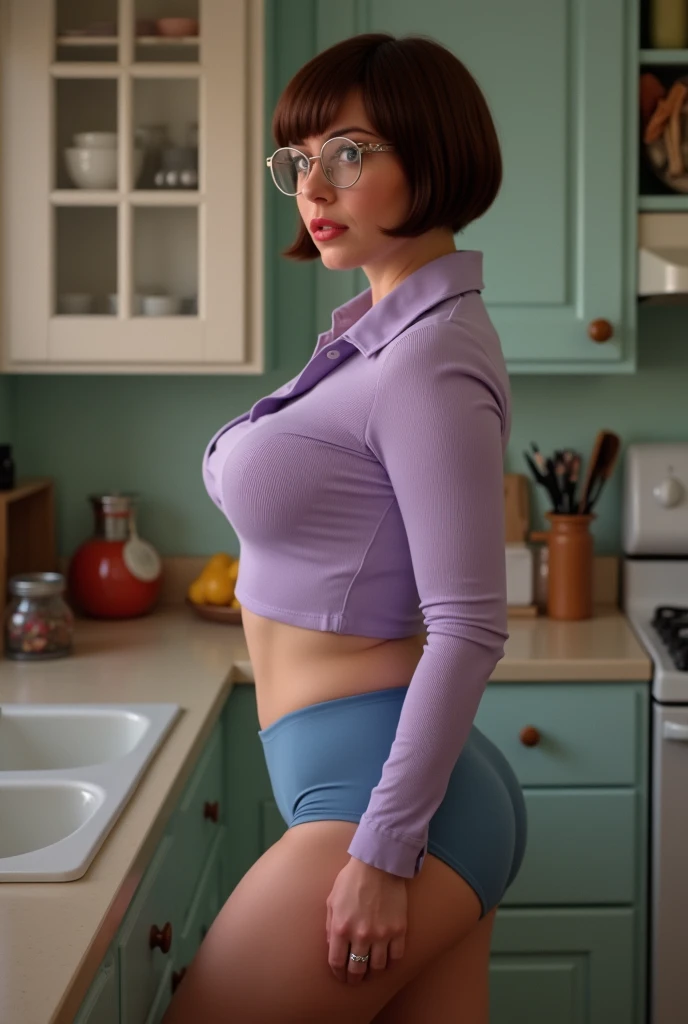 Full body view, side view, Velma Dinkley, solo, stripper, pixie cut brown hair, bright blue eyes, detailed face, (wearing a hip-length light-purple shirt), tight shirt, (blue colored panties), glasses, huge breasts, nice butt
([Julianne Hough|Megan Fox|Christina Hendricks]:0.8), (puffy lips :0.9),
kitchen background
(insanely_detailed,best_quality,masterpiece,photorealistic:1.3),(ambient_lighting:1.1),(ultra_realistic,32k,RAW_photo:1.1),8k_uhd,dslr,high_quality,film_grain