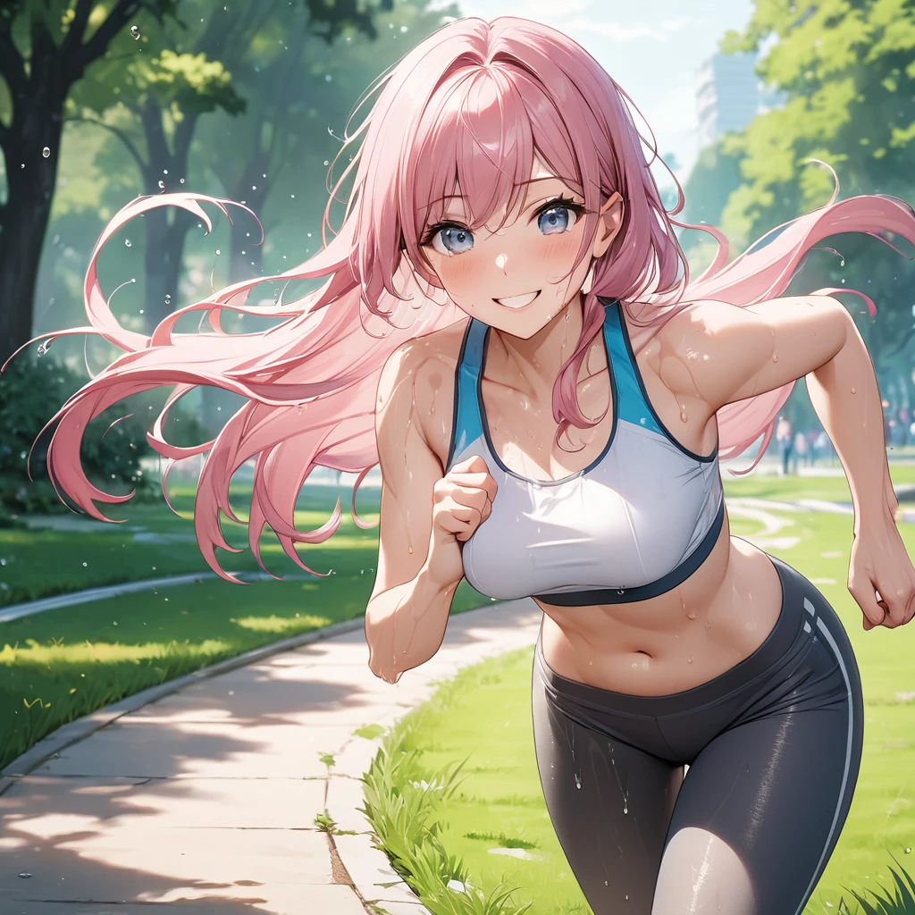 8k,Highly detailed CG unit wallpaper,masterpiece:1.2,Highest quality,Ultra-high resolution,RAW Photos,Cinema Lighting,absurdres, nsfw, 30 year old beautiful girl,mature female,Medium Breast,Pink Hair,Long Hair,Cute like an idol,Beautiful eyes,White tank top,dark grey leggins,running,jogging,grass,park,