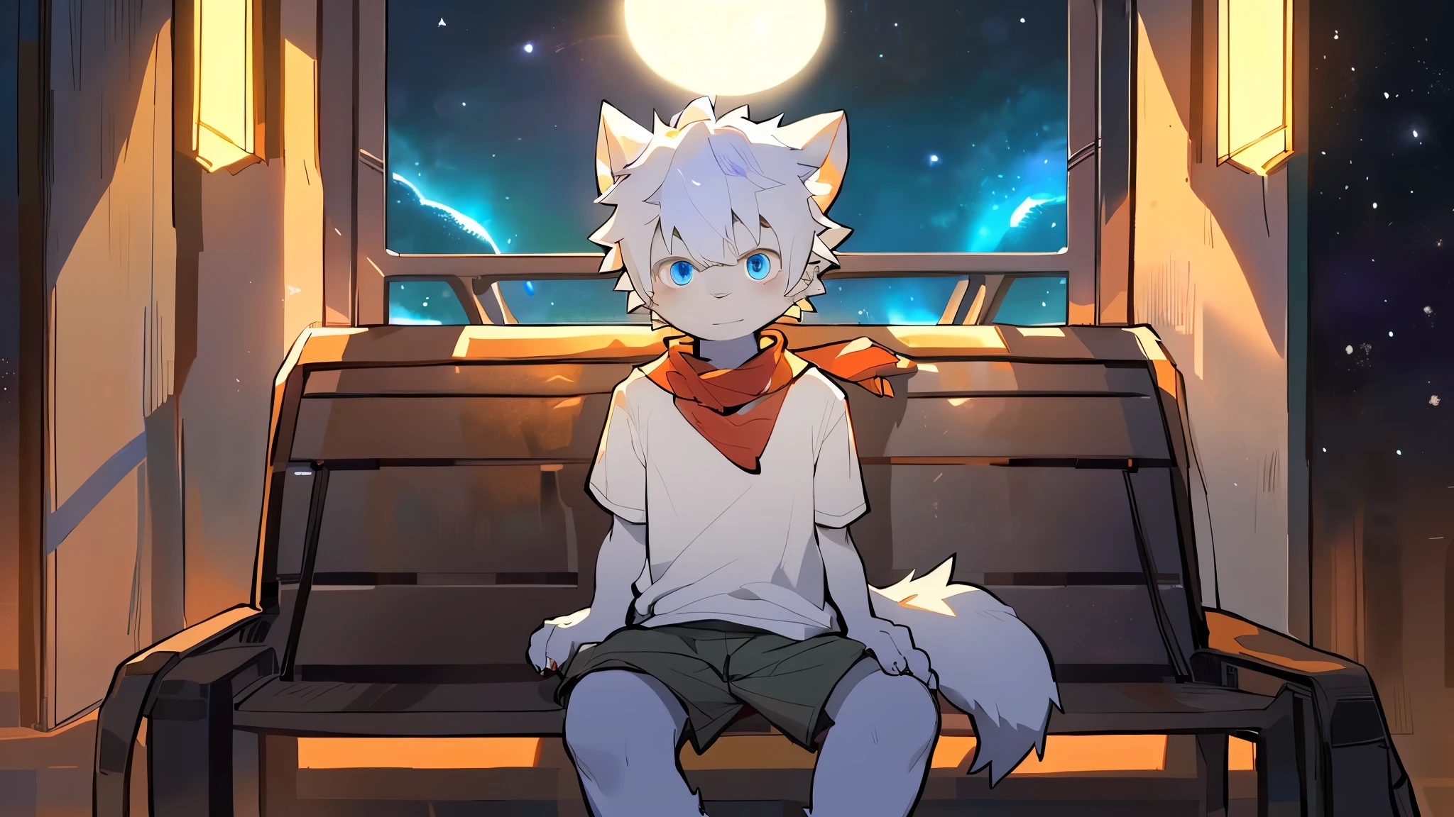 A cute arctic fox, 8k, naturals, , masculine, shorts, 独奏, gay, fullmoon, star night, soft lighting, Sitting on top of a rock