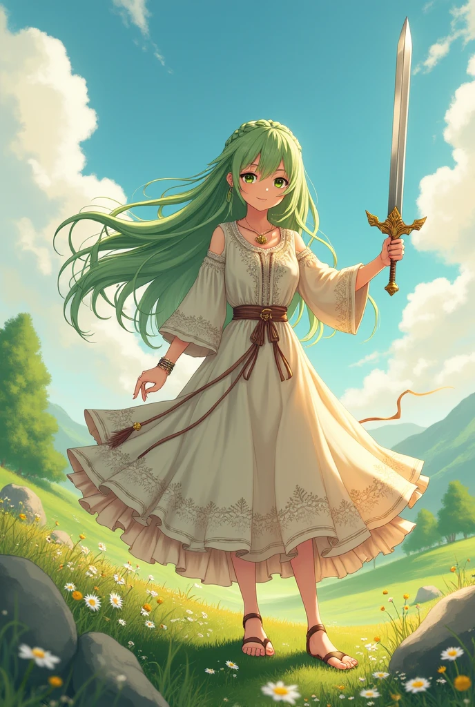 Beautiful animetion girl with litegreen long hair, bohemian dress, holding a sword with her right hand and showing it to the viewer