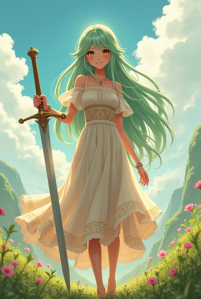 Beautiful animetion girl with litegreen long hair, bohemian dress, holding a sword with her right hand and showing it to the viewer