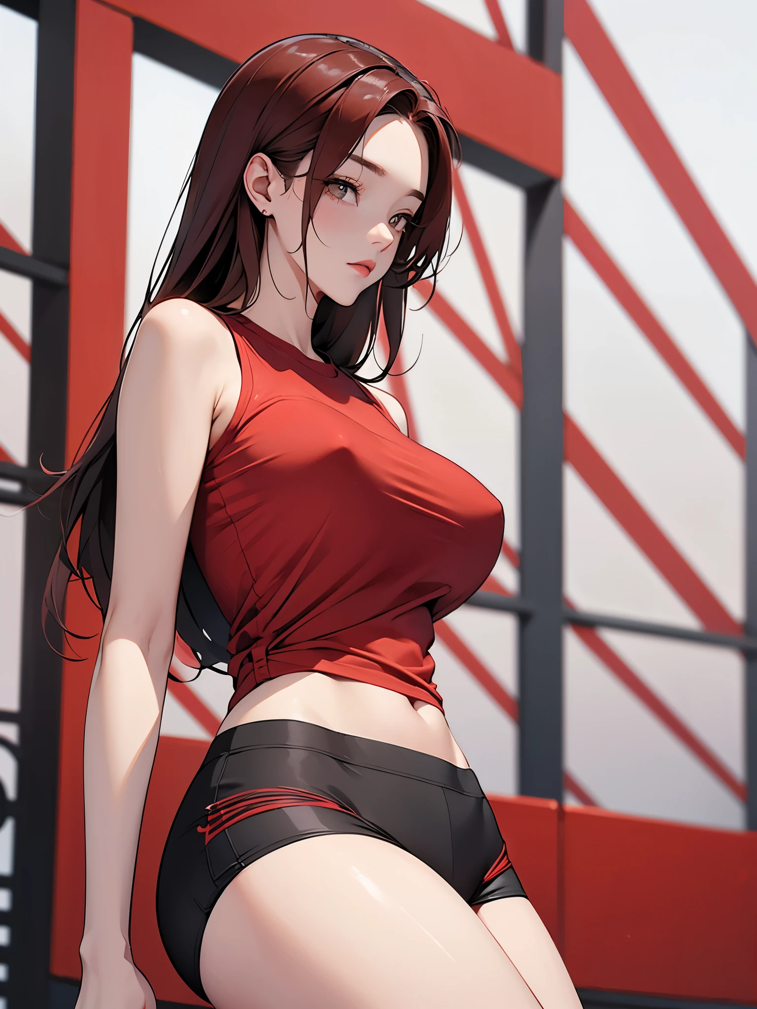 A fit young woman in her 20s. wearing a red sports top and black cycling shorts. She has shoulder-length straight red hair. no background. on the stage. 카메라를 바라본다
huge boobs.