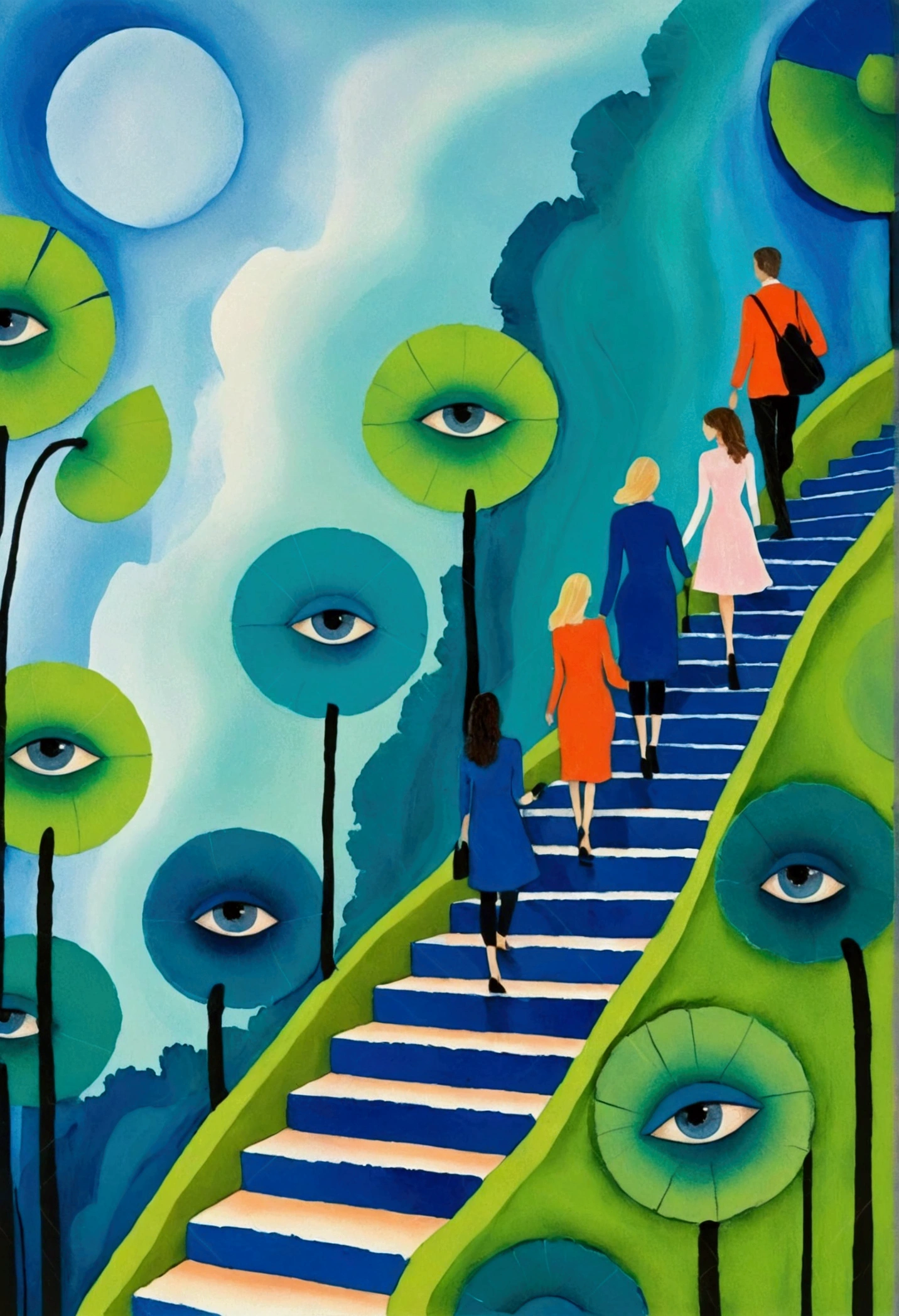 painting of a group of people walking up a set of stairs, mixed media painting, whimsical art, full color mixed media painting, illustrative and abstract, by Alice Rahon, inspired by Barbara Nessim, mixed media style illustration, mixed media illustration, abstract figurative art, by Nadya Rusheva, by Jane Graverol, illustrated in whimsical style