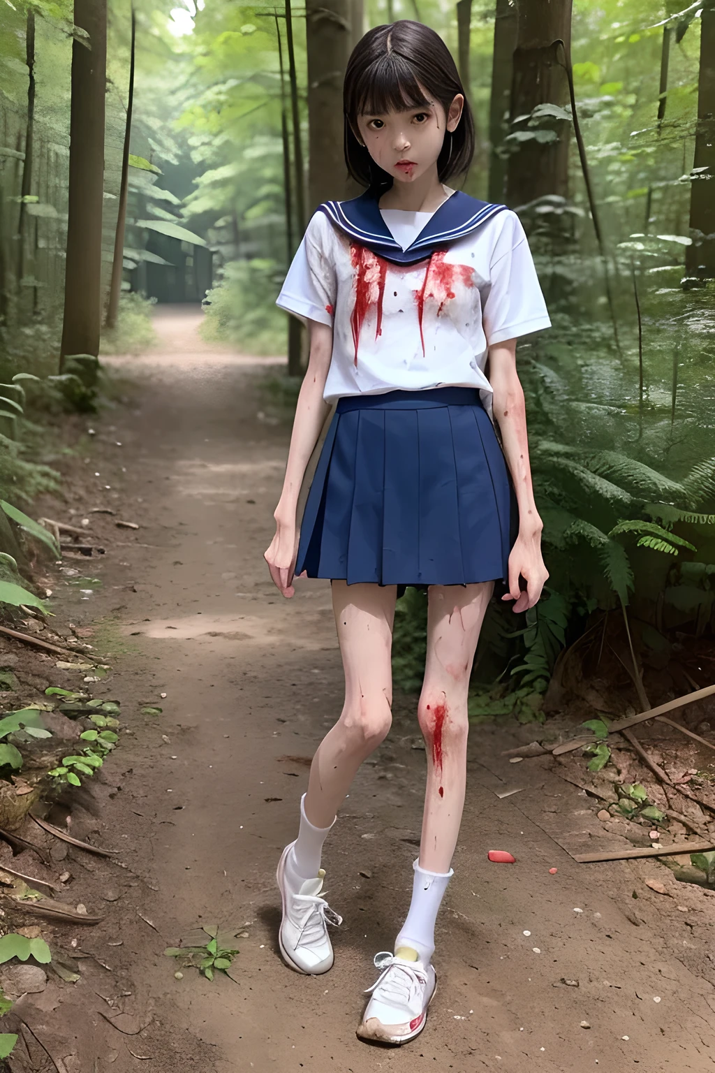 (8K、RAW Photos、highest quality、masterpiece:1.2), (Realistic、Photorealistic:1.2), (High resolution skin:1.1), Beautiful young girl,japanese, 11 years old,small breasts,(Slender girl:1.4),(Thin legs:1.4),dark blue mini skirt,sailor suit, (White socks), Short sleeve,sneakers, whole body,forest,standing,(dirty:1.2),(wounds,bloody legs:1.4)