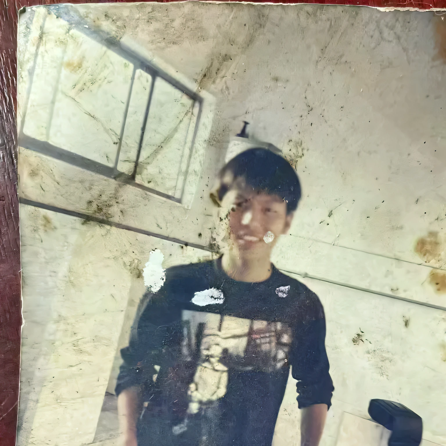 A photo of a young man standing in a bathroom, old photo, Very very low quality image, About 19 years old, He is about 20 years old, He is about 20 years old, Profile picture 1024px, He is about 2 to 5 years old, Confidential Photo, 13 years old, Real Polaroid Photo, old yearbook photo