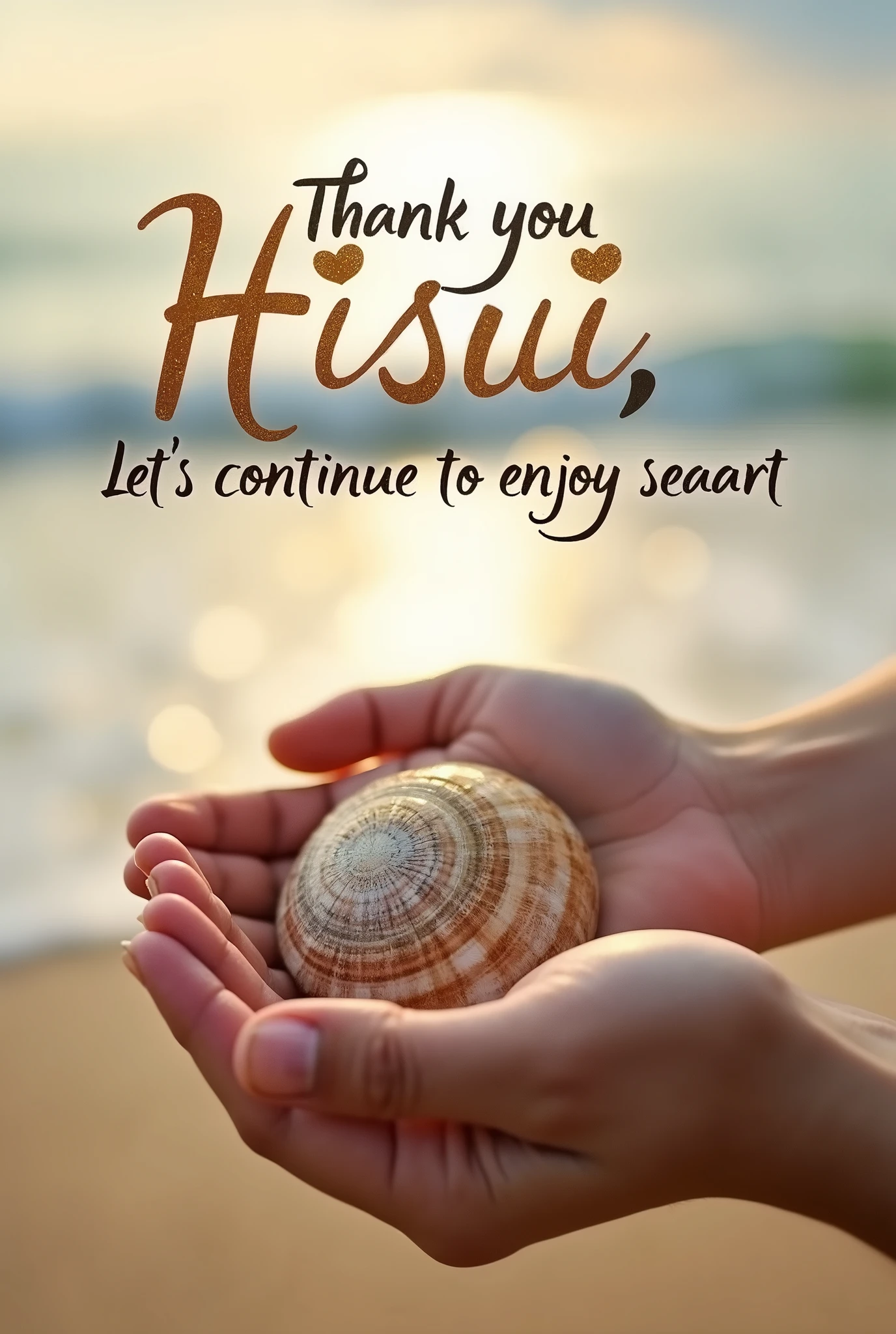 Enclose with both hands、((Thank you Hisui, Let's continue to enjoy seaartの文字))、photograph