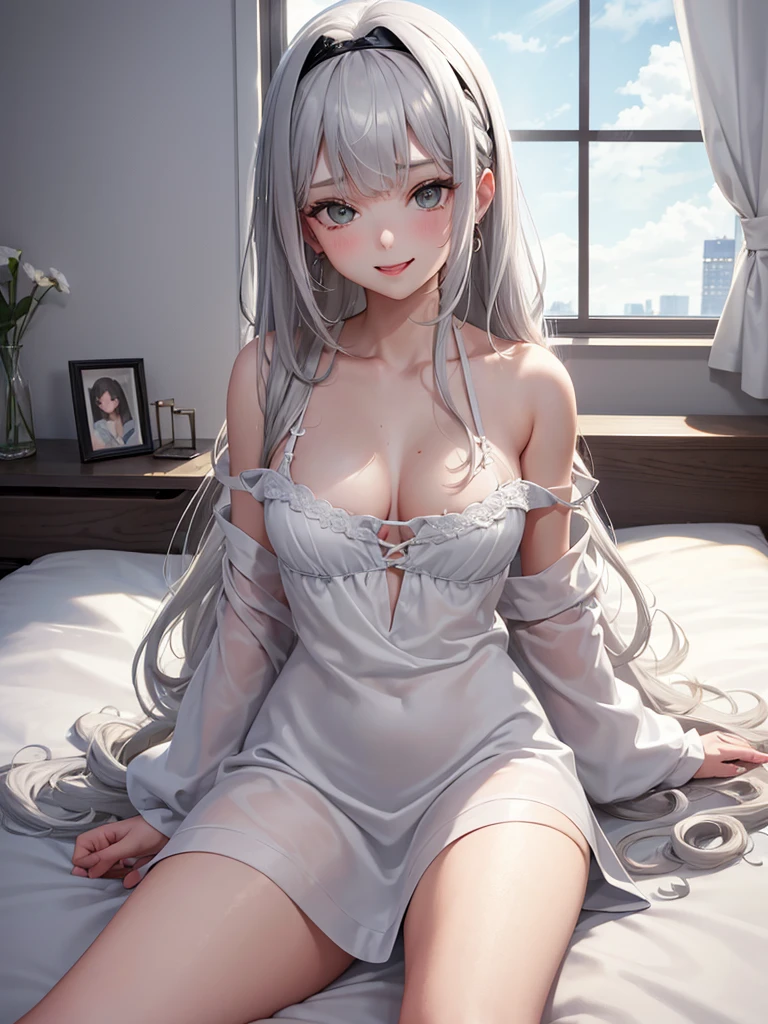 1Girl, Solo, Anime, Ideal body, (Cleavage, Small breast). Beautiful, Gorgeous, Fresh, Blunt Bangs, (White Grey Hair:1.5),(Straight and Wavy Long Hair:1.3), Sleep dress, Off-Shoulder, Oversize , laced, Comfort, Loose dress, satin Texture. (Sit on bed:1.3). Earrings, Thin Black Headband, Green Accessories, Environmental Details, Bed Room, Natural Light, Modern Bed, Chair, Window, White Curtain, City View. pov, anime style, UHD, retina, masterpiece, accurate, anatomically correct, textured skin. High Resolution, Looking at viewer, Blush, Best Quality, Award Winning, Accurate, Embarrassed, seductive smile, sweating, Naughty Face, Naughty, Gradient Eye Color, Sexy Pose. Cowboy Shot, tongue out, high class. 