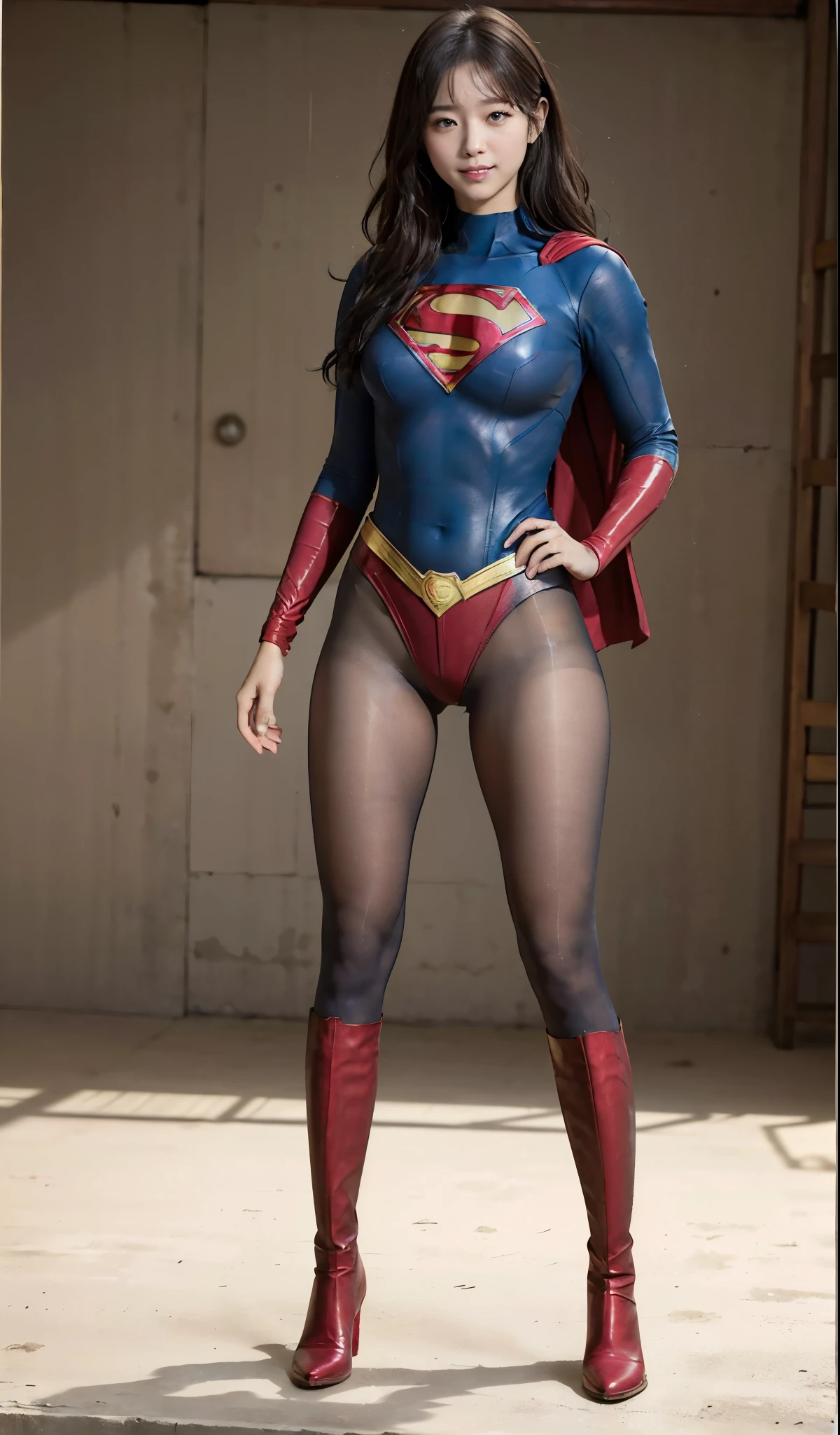 No background、(((Beautiful legs in black tights.)))、(((Legally express the beauty of your smile)))、((((Make the most of your original images)))、(((Supergirl Costume)))、(((Beautiful Hair)))、(((suffering)))、(((Please wear black tights....、Wear red boots)))、((Best image quality、8k))、((Highest quality、8k、masterpiece:1.3))、(((Preserve background )))、Sharp focus:1.2、Beautiful woman with perfect figure:1.4、Slim Abs:1.2、Wet body:1.5、Highly detailed face and skin texture、8k