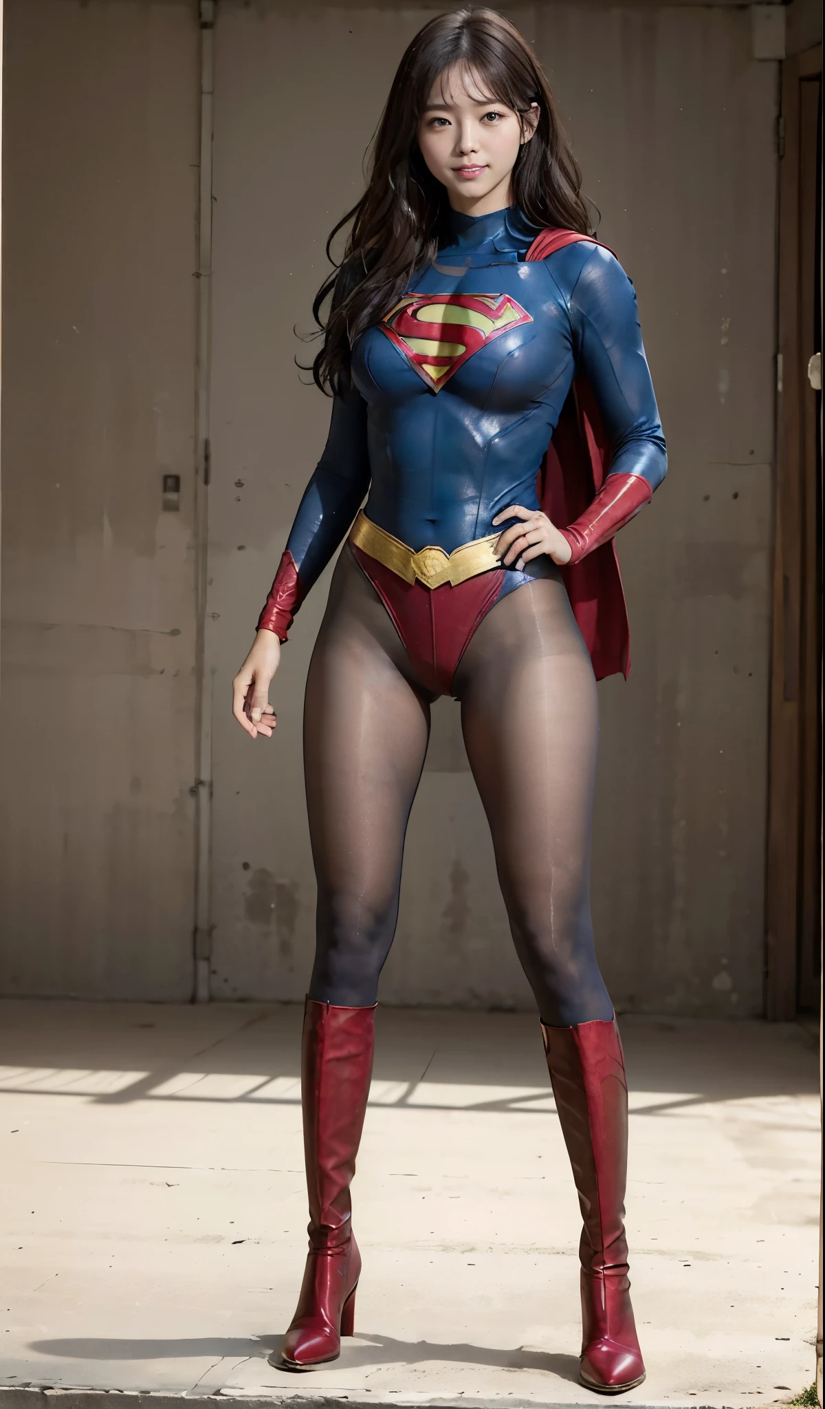 No background、(((Beautiful legs in black tights.)))、(((Legally express the beauty of your smile)))、((((Make the most of your original images)))、(((Supergirl Costume)))、(((Beautiful Hair)))、(((suffering)))、(((Please wear black tights....、Wear red boots)))、((Best image quality、8k))、((Highest quality、8k、masterpiece:1.3))、(((Preserve background )))、Sharp focus:1.2、Beautiful woman with perfect figure:1.4、Slim Abs:1.2、Wet body:1.5、Highly detailed face and skin texture、8k