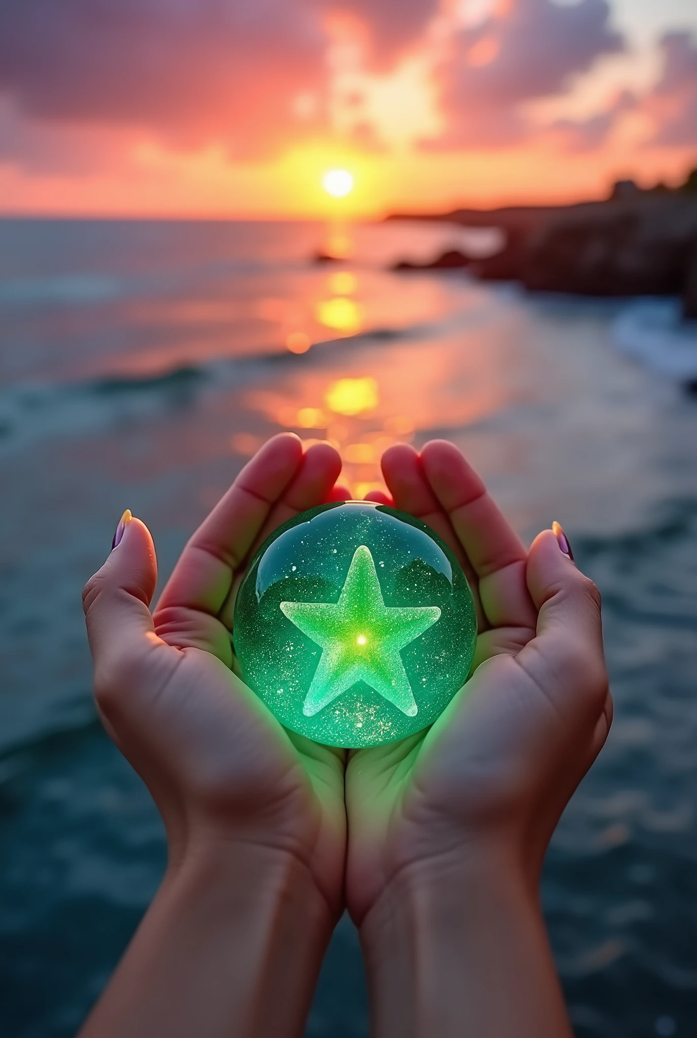 Enclose with both hands、((Thank you Hisui, Let's continue to enjoy seaartの文字))、photograph、Emerald、With the sunset on the coast as a backdrop