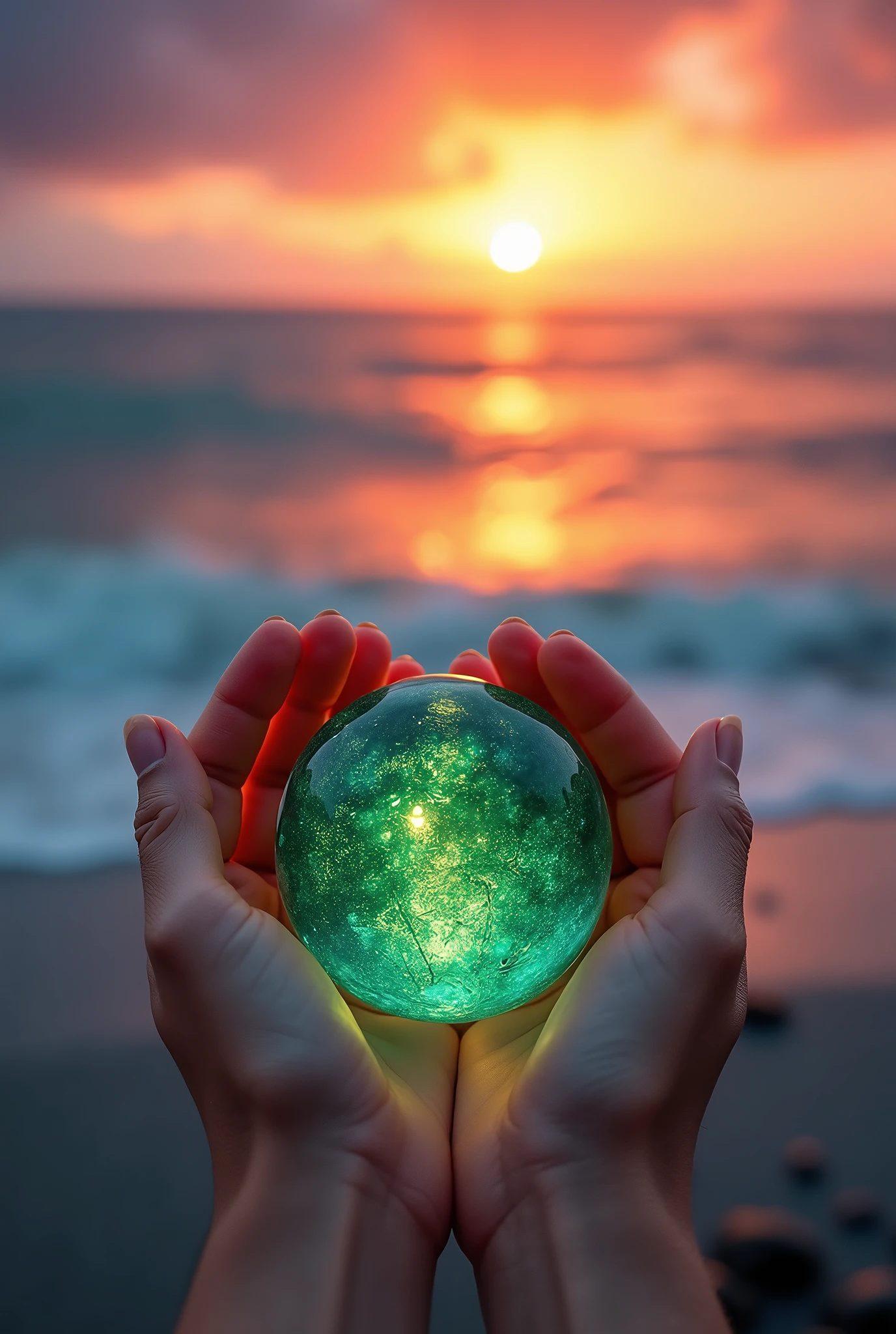 Enclose with both hands、((Thank you Hisui, Let's continue to enjoy seaartの文字))、photograph、Emerald、With the sunset on the coast as a backdrop