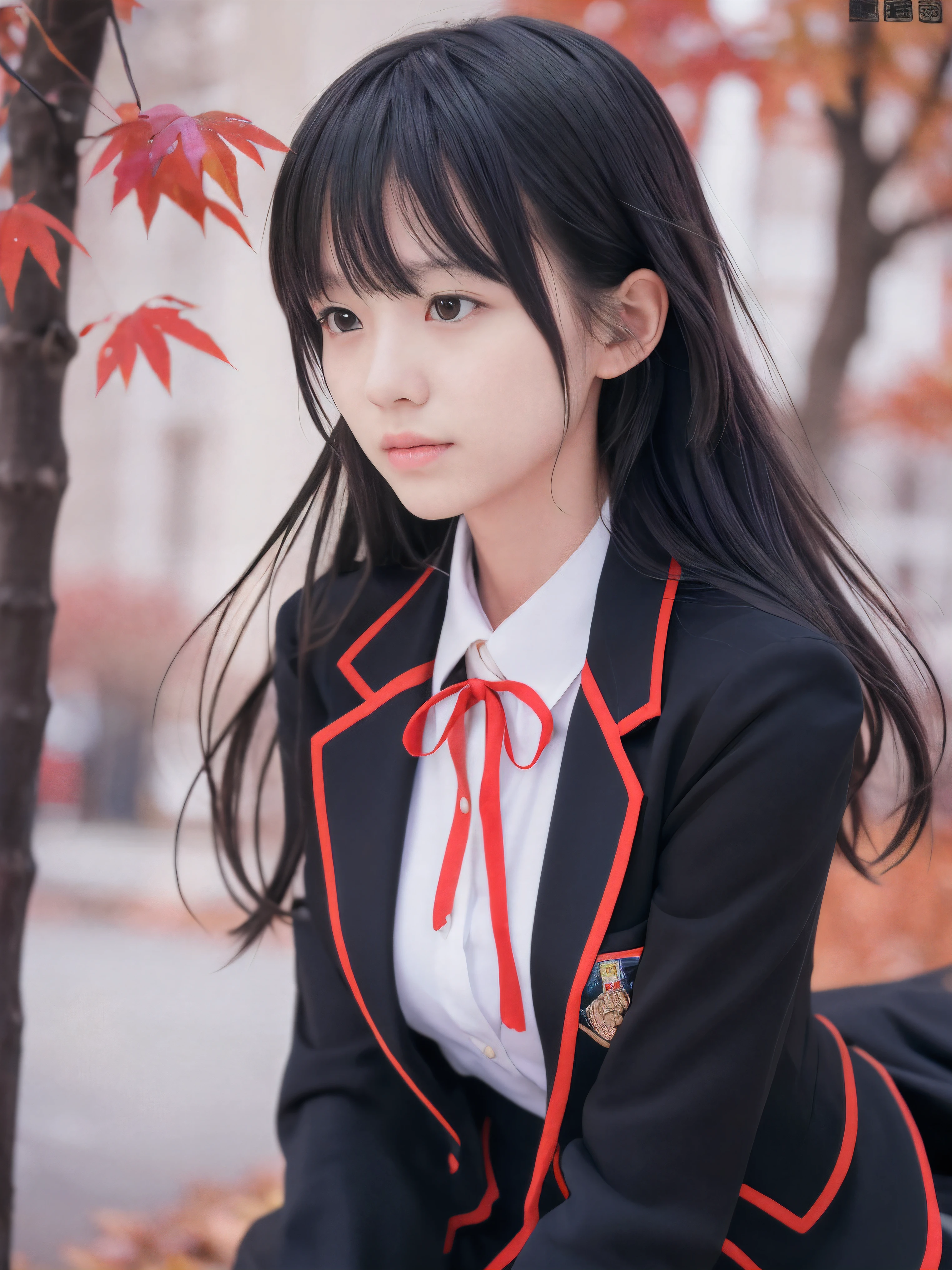 (Close up face shot of one slender small breasts two side up black medium hair with bangs girl in a black blazer uniform with a red trimmed collar and black skirt:1.5)、(One girl is looking back with sad face and wearing a uniform with a black blazer and a skirt with a red edging collar:1.5)、(Beautiful red leaves and autumn mountain:1.5)、(8k ultra detailed master piece:1.5)、(perfect anatomy:1.5)、(Photorealistic stick:1.5)、(Raw photo:1.3)、(highest quality:1.5)、(High resolution:1.3)、(Delicate and beautiful perfect face:1.3)、(Delicate and beautiful eye air skin:1.3)、(Real Human Skin:1.3)、((thin legs))