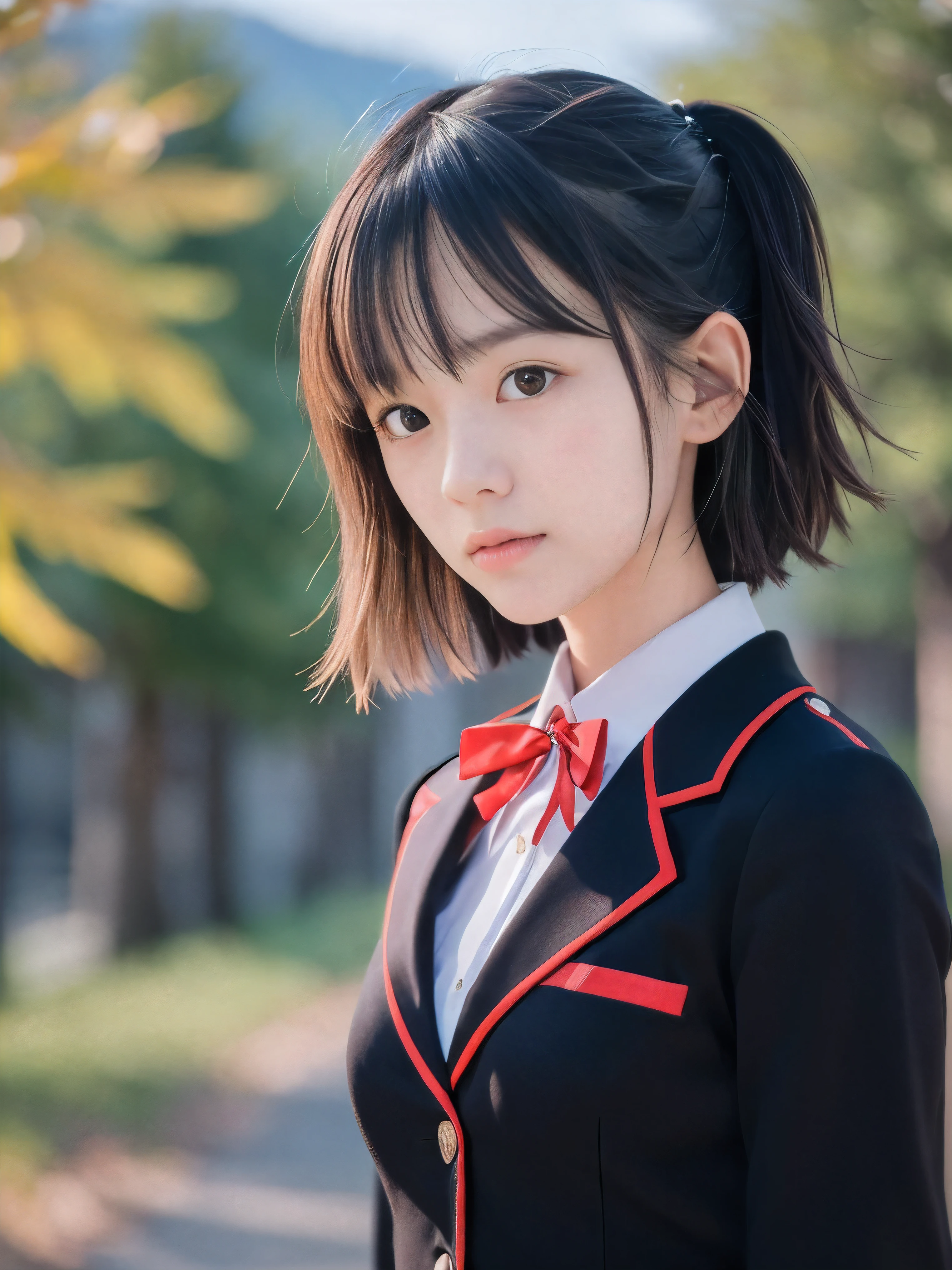 (Close up face shot of one slender small breasts two side up black medium hair with bangs girl in a black blazer uniform with a red trimmed collar and black skirt:1.5)、(One girl is looking back with sad face and wearing a black blazer and a skirt with a red edging collar:1.5)、(Beautiful autumn leaves and mountain view:1.5)、(8k ultra detailed master piece:1.5)、(perfect anatomy:1.5)、(Photorealistic stick:1.5)、(Raw photo:1.3)、(highest quality:1.5)、(High resolution:1.3)、(Delicate and beautiful perfect face:1.3)、(Delicate and beautiful eye air skin:1.3)、(Real Human Skin:1.3)、((thin legs))