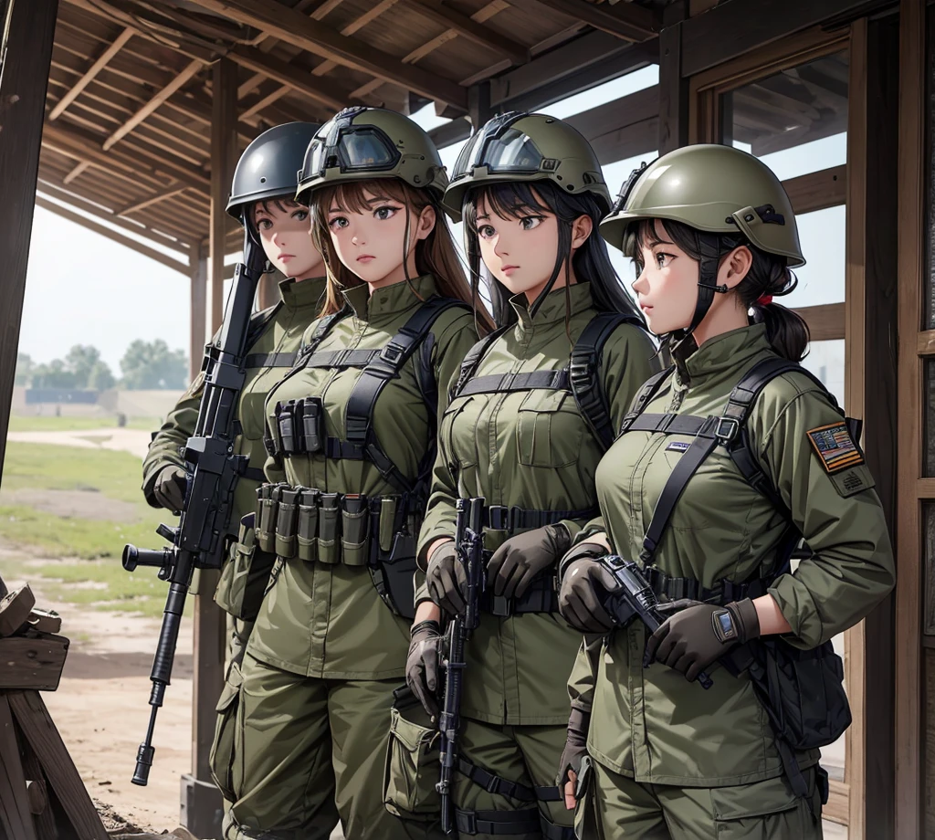 A group of female soldiers wearing gray M-51 uniforms、Put on a helmet、Gloves、Magazine Pouch、Tactical harness、Standing guard in the military camp、Write details、masterpiece、best quality、Highly detailed CG、8K picture quality