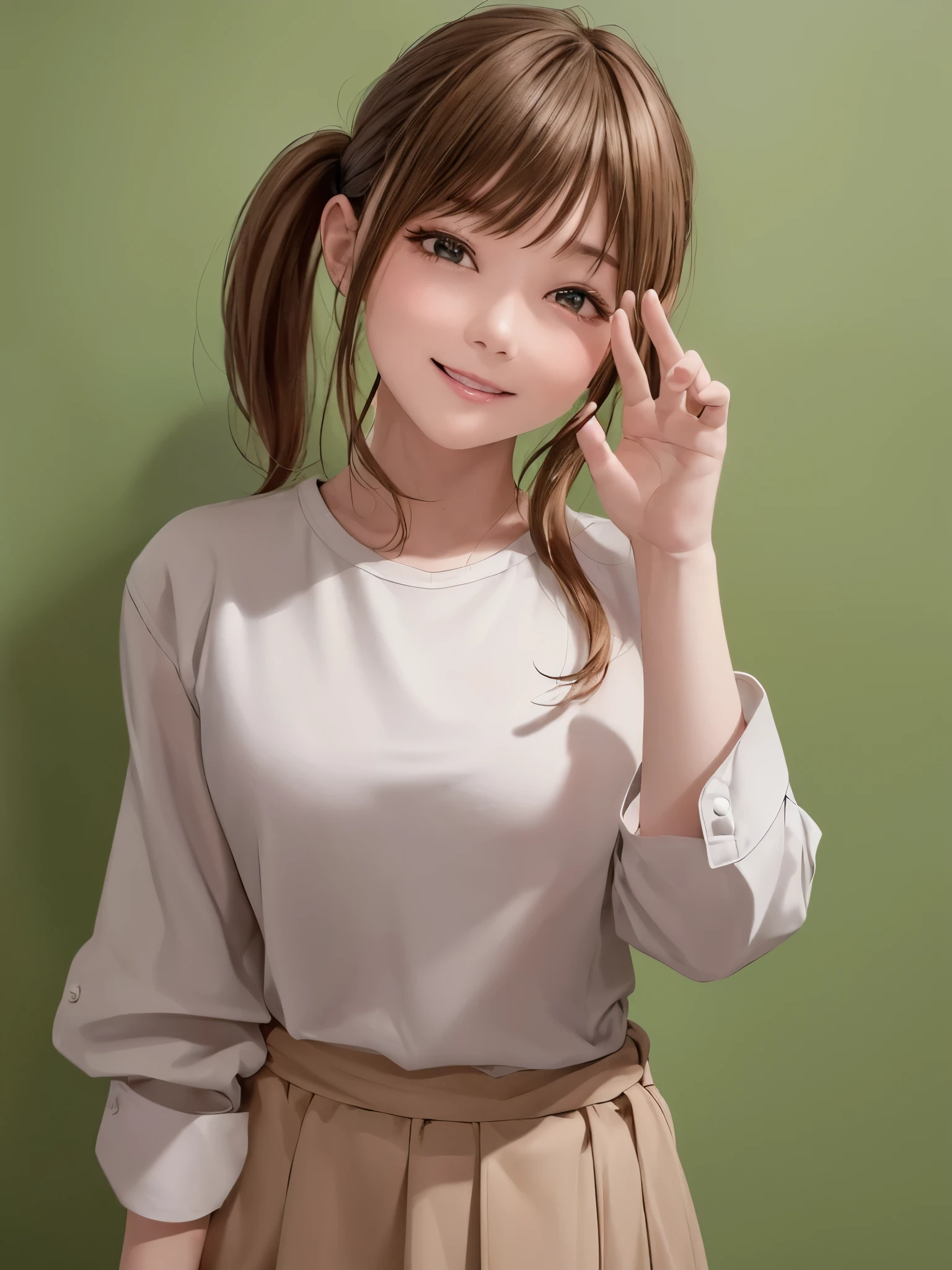 (((Cowboy Shot、Women's Solo Shot、Oil、Pure white wall background、masterpiece、Highest quality、High resolution)))、Blonde、Bob Hair、(((Side Ponytail)))、(((I am wearing a khaki shirt.)))、(((Green Shirt)))、Fashionable hairstyles、Pure white wall background、Red cheeks、((No Shadow、Frame In))、((Small breasts))、((smile))、((Happy expression))、(((Waving right hand)))、((((No background))))、