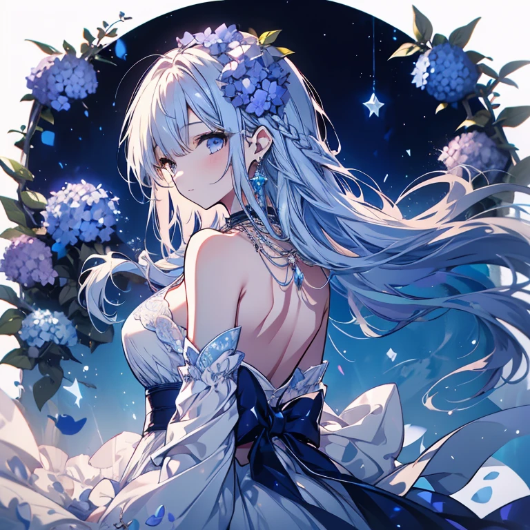 1 person、Mature、Ample breasts、Long Hair、Charm、look back、Hair blowing in the wind、Hydrangea dress、Shoulder Bare、necklace、Earrings、Deep blue hydrangea、Bright blue dress、Moonlit Night、Stars Shining、High resolution、Highest quality
