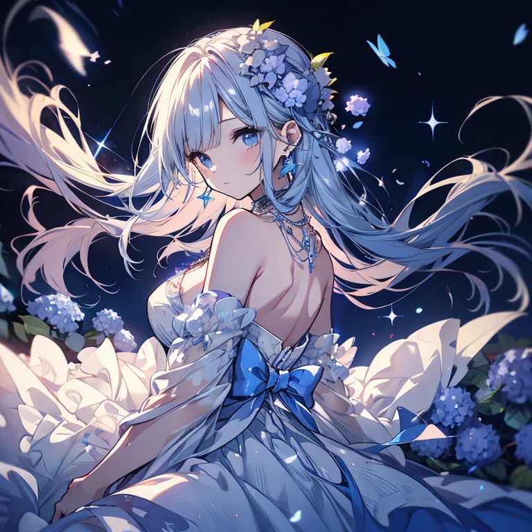 1 person、Mature、Ample breasts、Long Hair、Charm、look back、Hair blowing in the wind、Hydrangea dress、Shoulder Bare、necklace、Earrings、Deep blue hydrangea、Bright blue dress、Moonlit Night、Stars Shining、High resolution、Highest quality