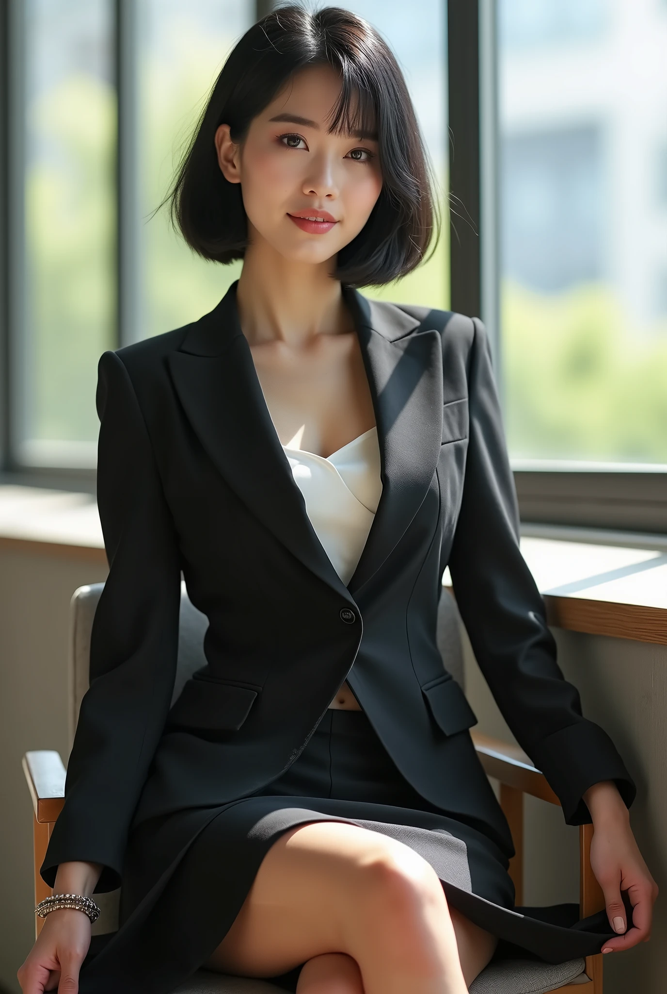 (Only one person), Japanese office girl, sexual attractive, wearing formal suits, high heels, formal makeup, black shorthair, sweet smile, outstanding body, lift up skirt, (pantyhose), sitting, dazzling summer sunlight, spread wide legs, Professional Portrait Photography、