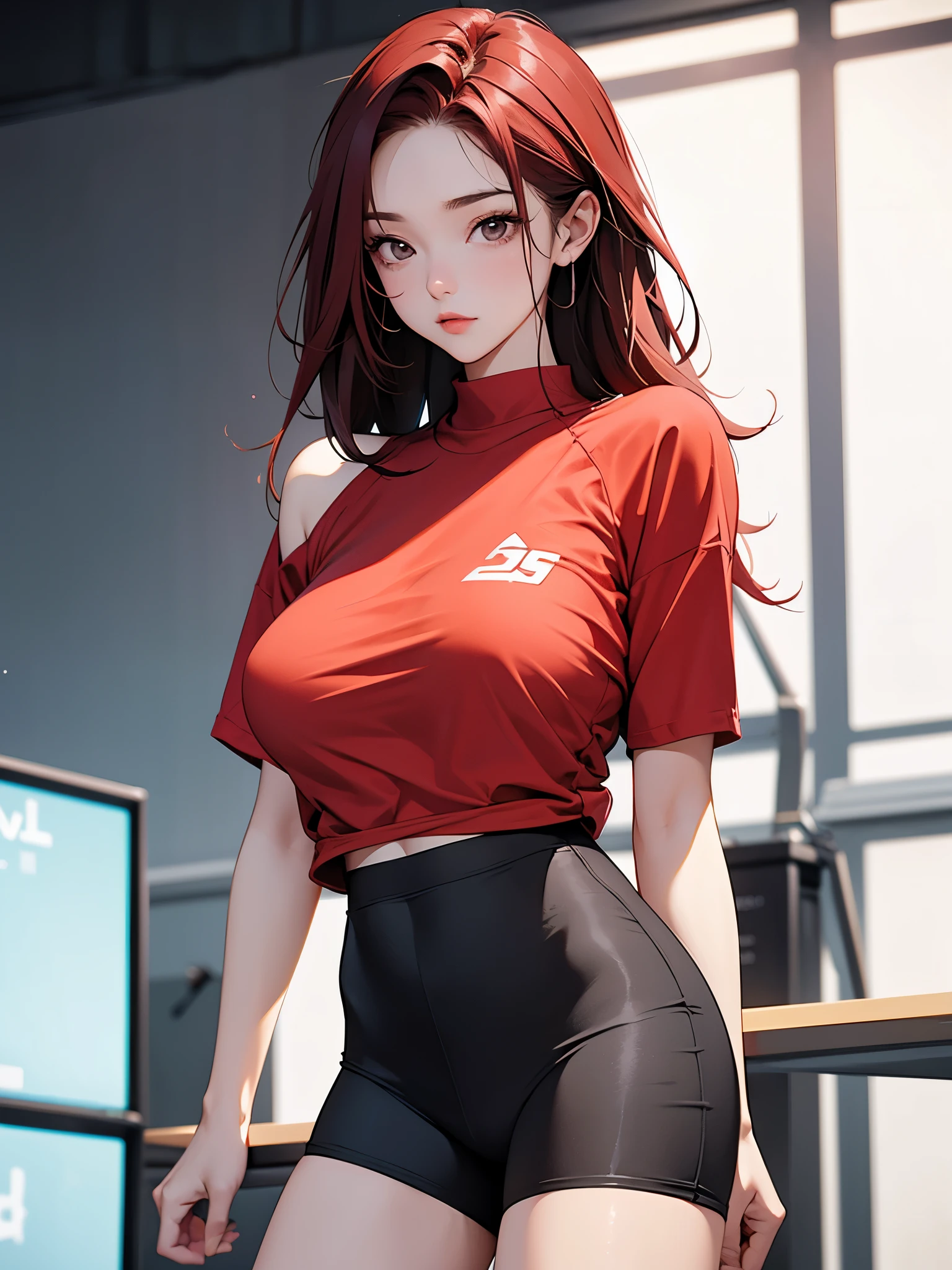 A fit young woman in her 20s. wearing a red sports top and black cycling shorts. She has shoulder-length straight red hair. no background. on the stage. 카메라를 바라본다
huge boobs.