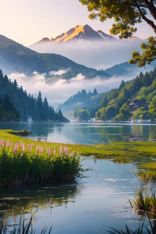 Highest quality、Landscape painting、Tranquil lakeside scenery、Foggy、dim