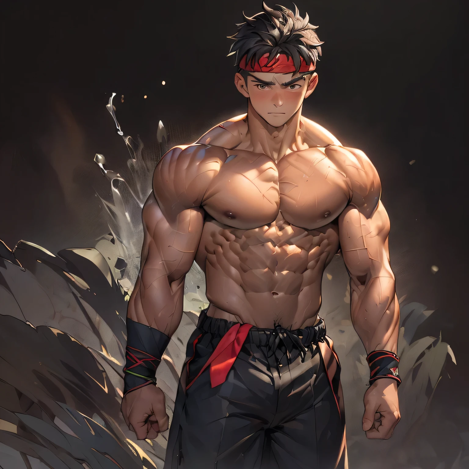 ((masterpiece, best quality)), (((((black background, deep night))))), (19 year old boy, worm eyes, Young boy, muscler, Shirtless, topless), ((((1boy, flesh, tough, reliable, standing)))), (Dark Short straight hair, ((almost completely shaved hair)), under cut, brown eyes), (((red headband, black wristband, loose trousers, loincloth))), Vivid colors, ((big breast:1.2, big shoulder:1.2, muscular body, sturdy body, defined round and fleshy pecs, defined round and fleshy ABS, defined round and fleshy armsmuscular:1.2, well-defined muscles, developed body, toned weist, shouldermuscler:1.2)), muscler!, muscler body, detailed face, detailed muscle, (((rippling muscles, wearing shilver aura, random pose:1.2)))