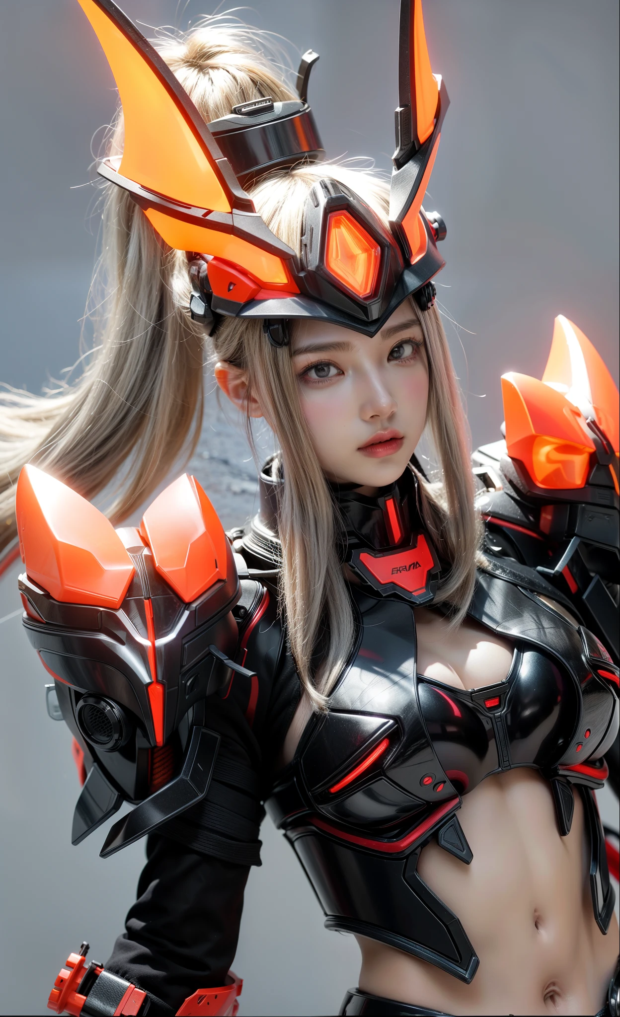 Fantasy cyberpunk world,1 Mechanical wonder,Defending world order;Samurai Mechanical Armor,Equip transparent weapons,Streamlined black and red design,Wearing a black cape,For one person,This is a large portion,Highest quality art,8K ultra-high resolution,Dynamic Lighting,Equally brilliant,Vibrant colors,Wearing a cyberpunk space helmet,Glowing Steel Tech Mech Mask,Future high-tech tactical helmet,High-tech mechanical armor combat suit,High-tech luminous gas mask,Ex Machina