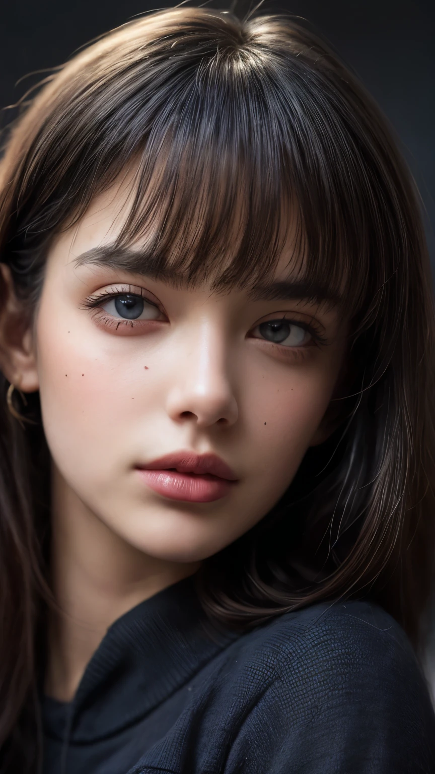 masterpiece, best quality, ultra-detailed, facing the camera head on, intricately detailed hyperdetailed, realistic, sharp features, highly detailed, sharp focus, perfect face, perfect face, perfect symmetrically perfect eyes, perfect full lips, flexible female form, cinematic, film light, hyper detailed, hyper realistic, masterpiece, atmospheric, high resolution, vibrant, dynamic studio lighting, nsfw, ((Dark background)), Sexy face, Facial expressions when receiving pleasure, straight Bangs, blue Eyes, black sweater,