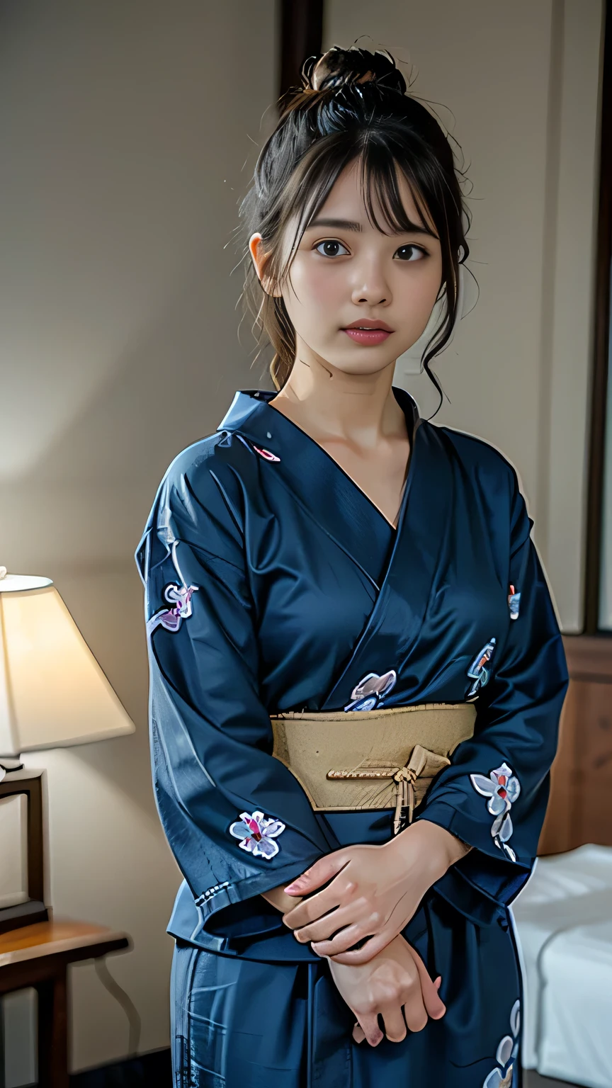 (Tabletop, Highest quality:1.4), Beautiful Face, 8k, 85mm, Absurd, (((Dark hotel bedroom:1.4)))、(Cobalt blue floral yukata:1.2), ((Cowboy Shot:1.4))、Delicate, alone, Single hair bun:1.7、night, View your viewers, Upper Body, Film Grain, chromatic aberration, Sharp focus, Face Light, Professional Lighting, Sophisticated, ((Confused expression:1.4)), (Simple Background, Bokeh Background:1.2), Detailed aspect