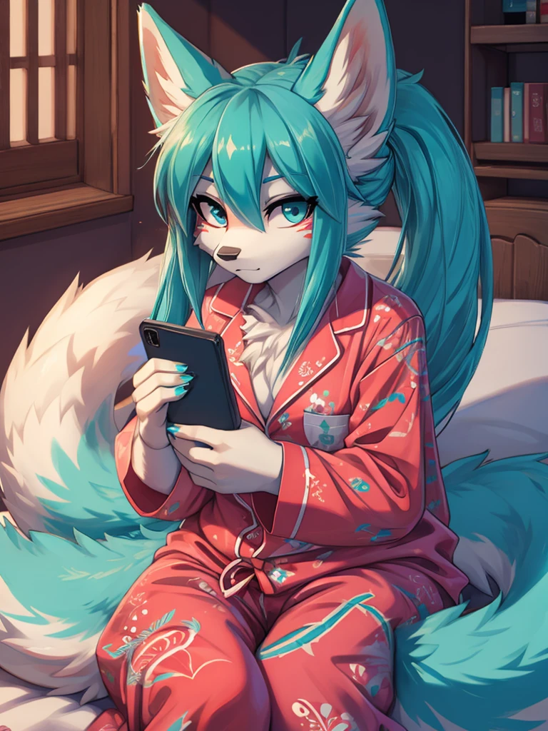 1 girl, Miku Hatsune, add high definition_detail:1, blue fur,kitsune ears, tribal tattoo add_detail:1, sitting on a bed in pajamas, checking the cell phone
