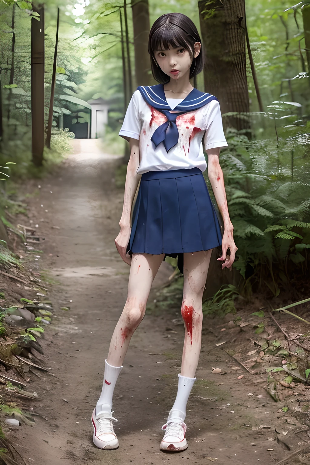 (8K、RAW Photos、highest quality、masterpiece:1.2), (Realistic、Photorealistic:1.2), (High resolution skin:1.1), Beautiful young girl,japanese, ,small breasts,(Slender girl:1.4),(Thin legs:1.4),dark blue mini skirt,sailor suit, (White high socks), Short sleeve,sneakers, whole body,forest,standing,(dirty:1.2),(wounds,bloody legs:1.4)