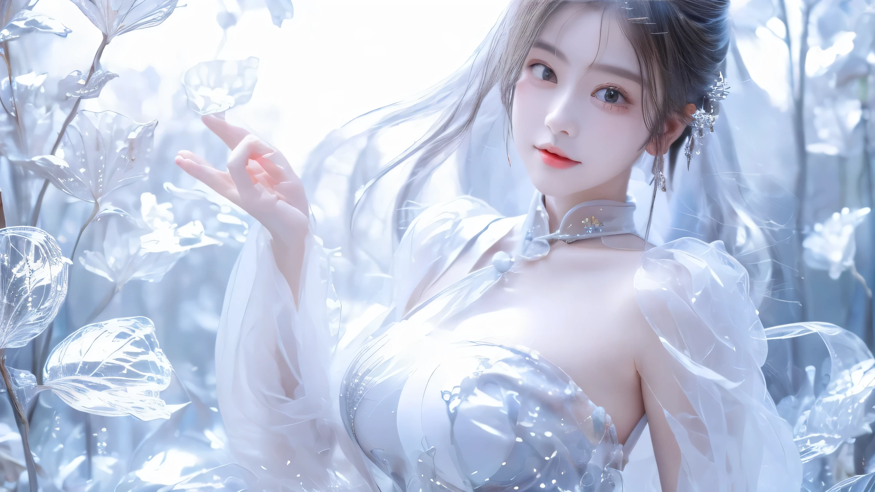 a 13 year old girl，Exquisite facial features，Big watery eyes，Angelic smile，blush，nice，Silver long hair，Princess Head，Frozen queen，Full of energy，Gorgeous clothing，background，Sense of Brokenness，Super Resolution，HD，8K，film texture。Ultra low cut,(Big Breasts:1.5),single whip,((Chinese cheongsam)),Accent strapless,Transparent tulle