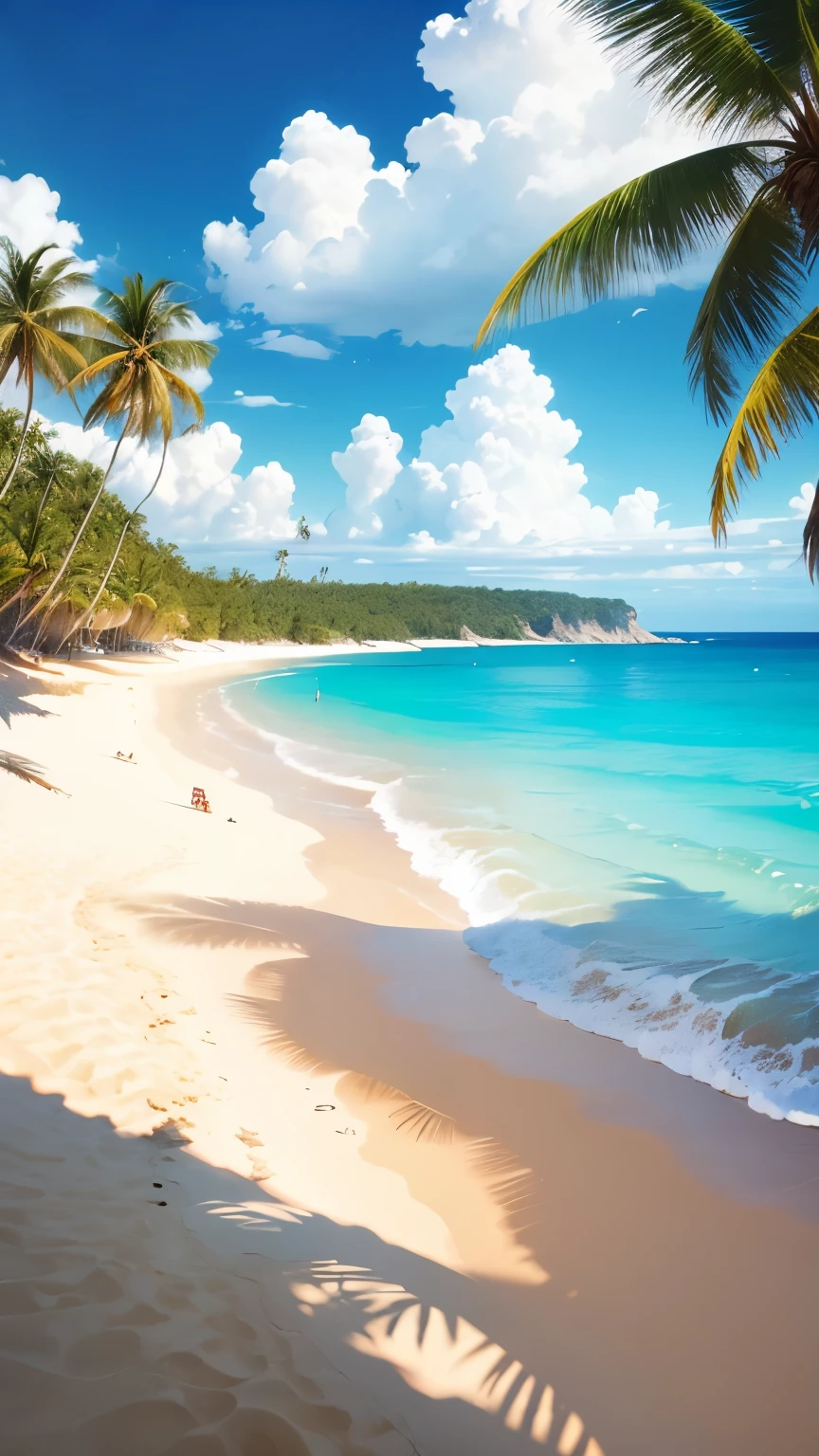 (Realistic,photoRealistic:1.37),Peaceful beach,Calm sea,Calm waves,Sandy Beach,Soft white sand,Crystal clear water,Peaceful atmosphere,Warm sunshine,Coconut Tree,quiet horizon,Pleasant breeze,Tropical paradise