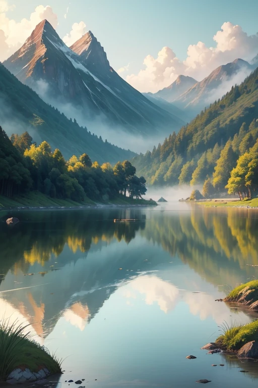 Highest quality、Landscape painting、Tranquil lakeside scenery、Foggy、dim