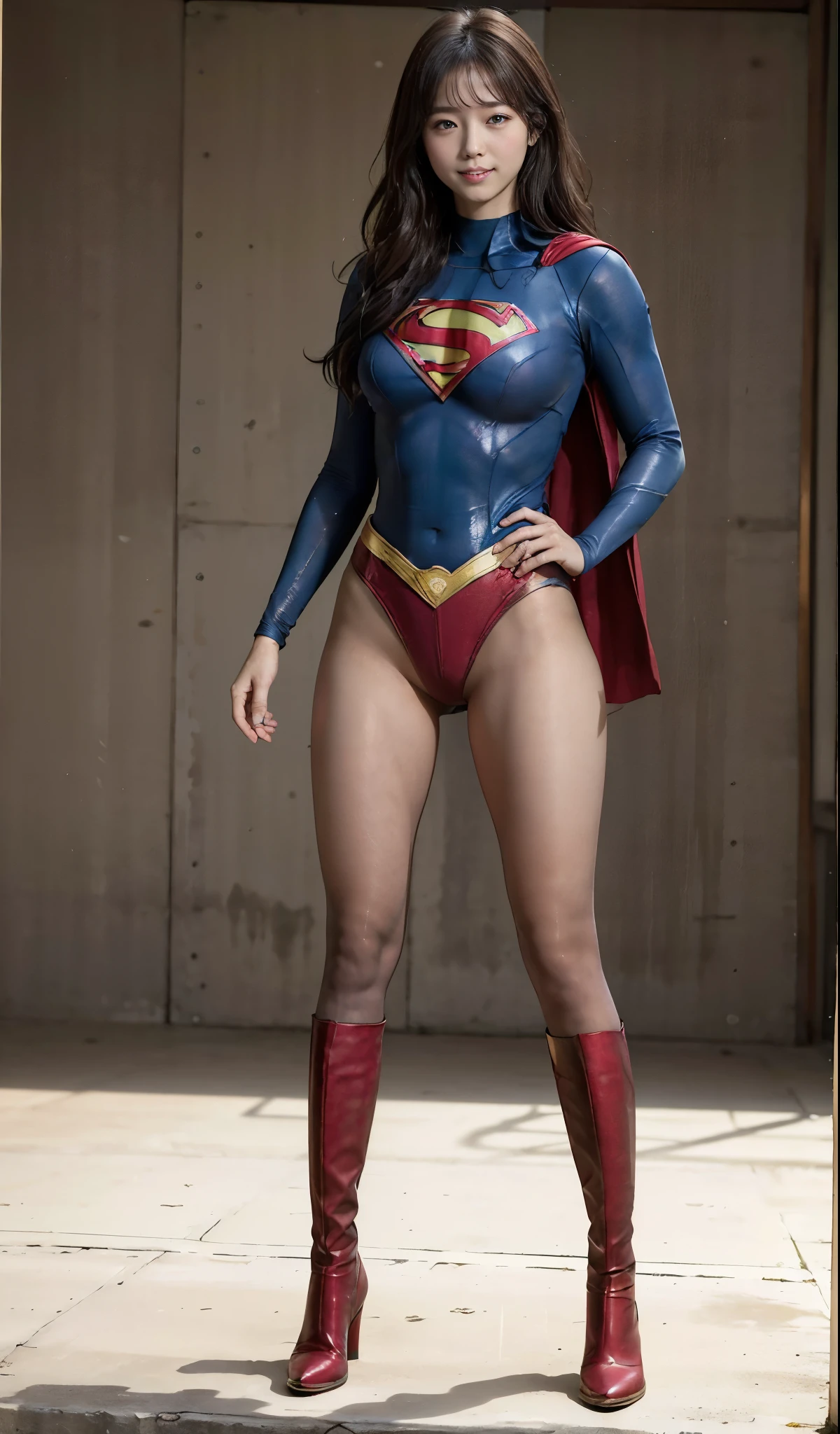 No background、(((Beautiful legs in black tights.)))、(((Legally express the beauty of your smile)))、((((Make the most of your original images)))、(((Supergirl Costume)))、(((Beautiful Hair)))、(((suffering)))、(((Please wear black tights....、Wear red boots)))、((Best image quality、8k))、((Highest quality、8k、masterpiece:1.3))、(((Preserve background )))、Sharp focus:1.2、Beautiful woman with perfect figure:1.4、Slim Abs:1.2、Wet body:1.5、Highly detailed face and skin texture、8k