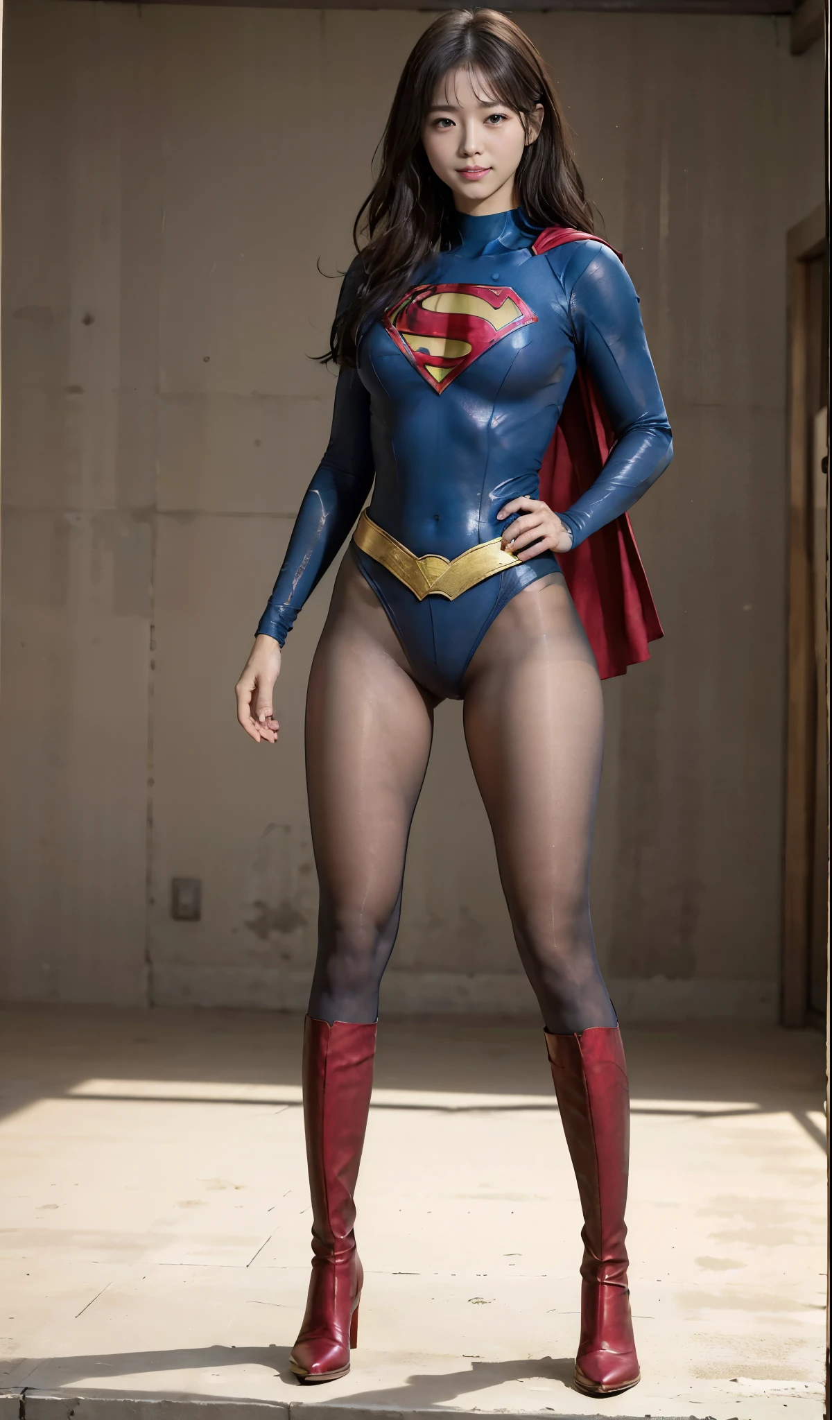 No background、(((Beautiful legs in black tights.)))、(((Legally express the beauty of your smile)))、((((Make the most of your original images)))、(((Supergirl Costume)))、(((Beautiful Hair)))、(((suffering)))、(((Please wear black tights....、Wear red boots)))、((Best image quality、8k))、((Highest quality、8k、masterpiece:1.3))、(((Preserve background )))、Sharp focus:1.2、Beautiful woman with perfect figure:1.4、Slim Abs:1.2、Wet body:1.5、Highly detailed face and skin texture、8k