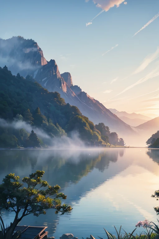 Highest quality、Landscape painting、Tranquil lakeside scenery、Foggy、dim