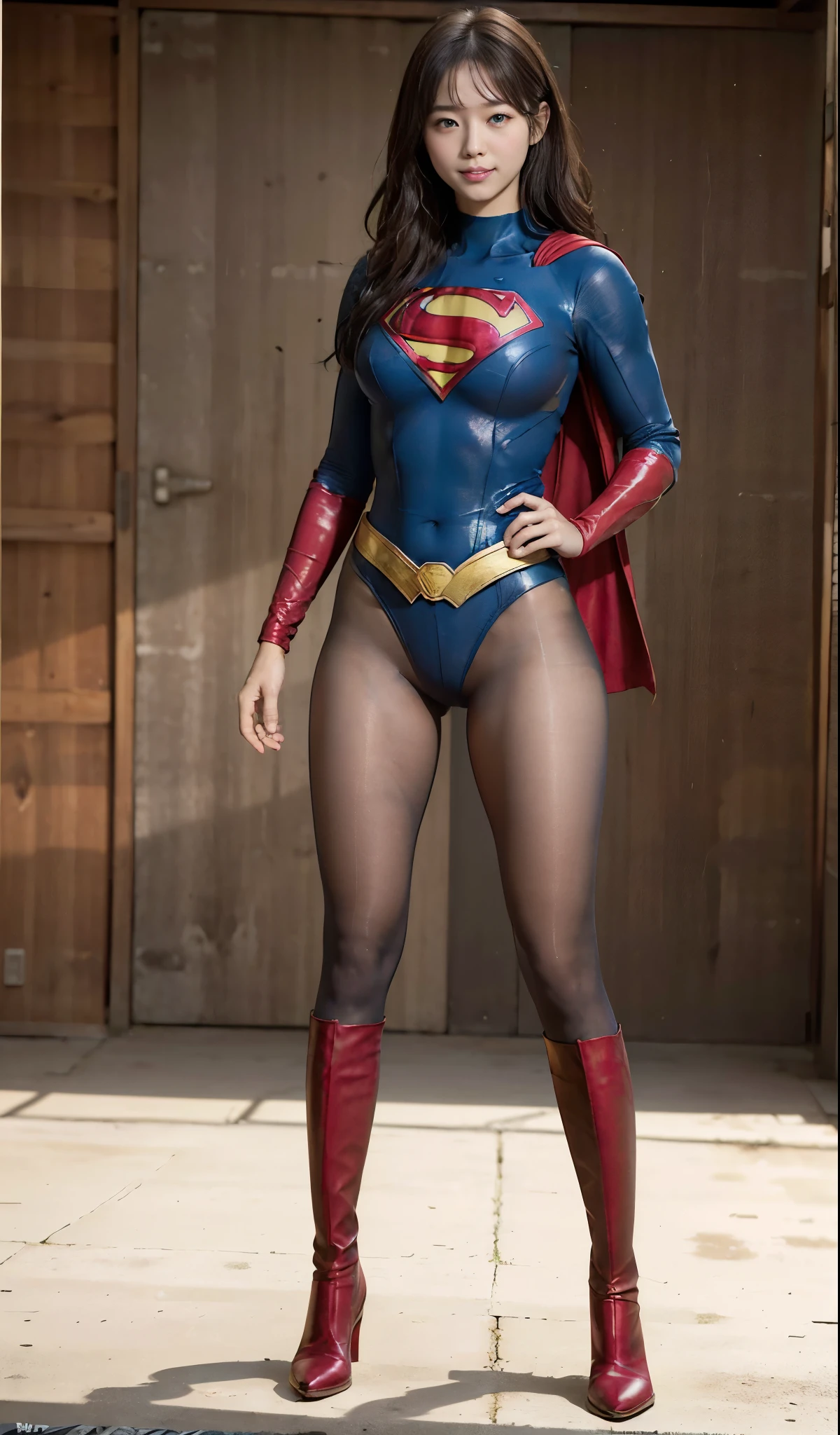 No background、(((Beautiful legs in black tights.)))、(((Legally express the beauty of your smile)))、((((Make the most of your original images)))、(((Supergirl Costume)))、(((Beautiful Hair)))、(((suffering)))、(((Please wear black tights....、Wear red boots)))、((Best image quality、8k))、((Highest quality、8k、masterpiece:1.3))、(((Preserve background )))、Sharp focus:1.2、Beautiful woman with perfect figure:1.4、Slim Abs:1.2、Wet body:1.5、Highly detailed face and skin texture、8k