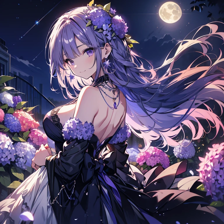 1 person、Mature、Ample breasts、Long Hair、A captivating smile、look back、Hair blowing in the wind、Hydrangea dress、Shoulder Bare、necklace、Earrings、Purple hydrangeas、Purple Dress、Moonlit Night、Stars Shining、balcony、High resolution、Highest quality