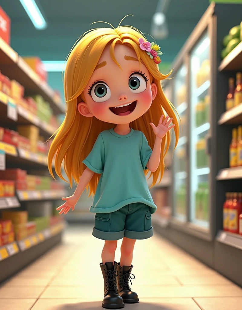 Disney Pixar Style animation,highres, ultra detailed, 1girl, solo, extremely detailed eyes, (Gold colored hair:1.5) ,long hair, (straight waist-length gold colored hair:1.5) ,(Anti-flash white-colored eyes:1.5) , ulzzang , she is wearing a (( Celeste colored Solid Color Overszie T-shirt :1.5)) ,((Teal colored Loosr Cargo Short:1.5)) ,simple streetwear , she wearing a Rich Black colored Gothic Lolita Boots , focusing on the face , (supermarket background:1.5) ,(( crowd)) ,look at viewer ,focus emotion , excited emotion , cute pose , close up view , cowboy shot , happy emotion , joyful emotion , ((choose goods)) , supermarket stalls , supermarket refrigerator