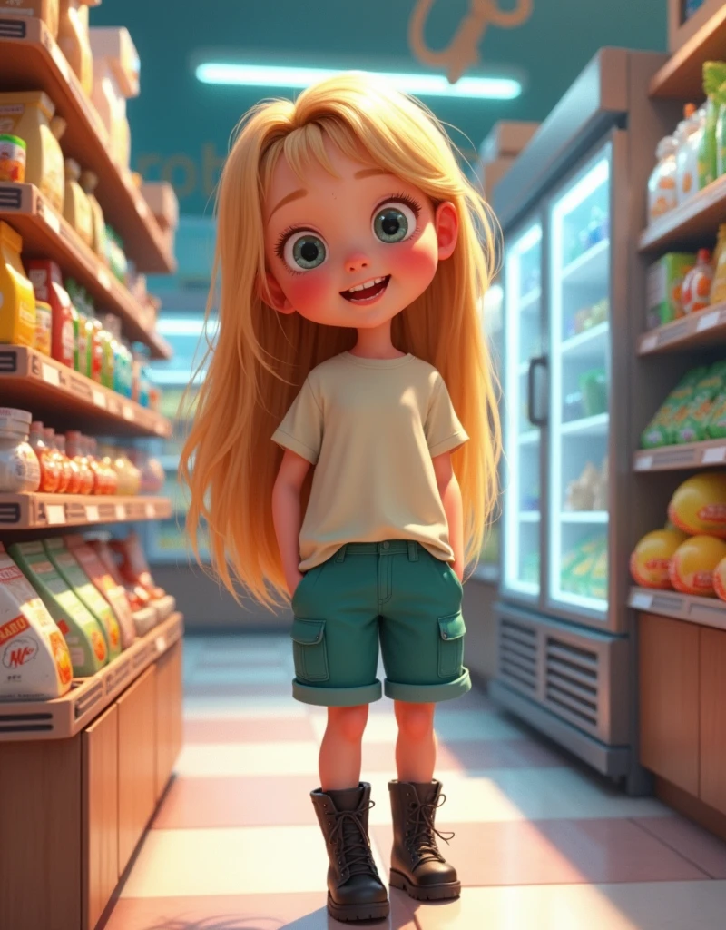 Disney Pixar Style animation,highres, ultra detailed, 1girl, solo, extremely detailed eyes, (Gold colored hair:1.5) ,long hair, (straight waist-length gold colored hair:1.5) ,(Anti-flash white-colored eyes:1.5) , ulzzang , she is wearing a (( Celeste colored Solid Color Overszie T-shirt :1.5)) ,((Teal colored  Loosr Cargo Short:1.5)) ,simple streetwear   , she wearing a Rich Black colored Gothic Lolita Boots   , focusing on the face  , (supermarket   background:1.5) ,(( crowd))  ,look at viewer  ,focus emotion , excited  emotion , cute pose  , close up view , cowboy shot , happy emotion , joyful emotion   , ((choose goods))  , supermarket stalls , supermarket refrigerator