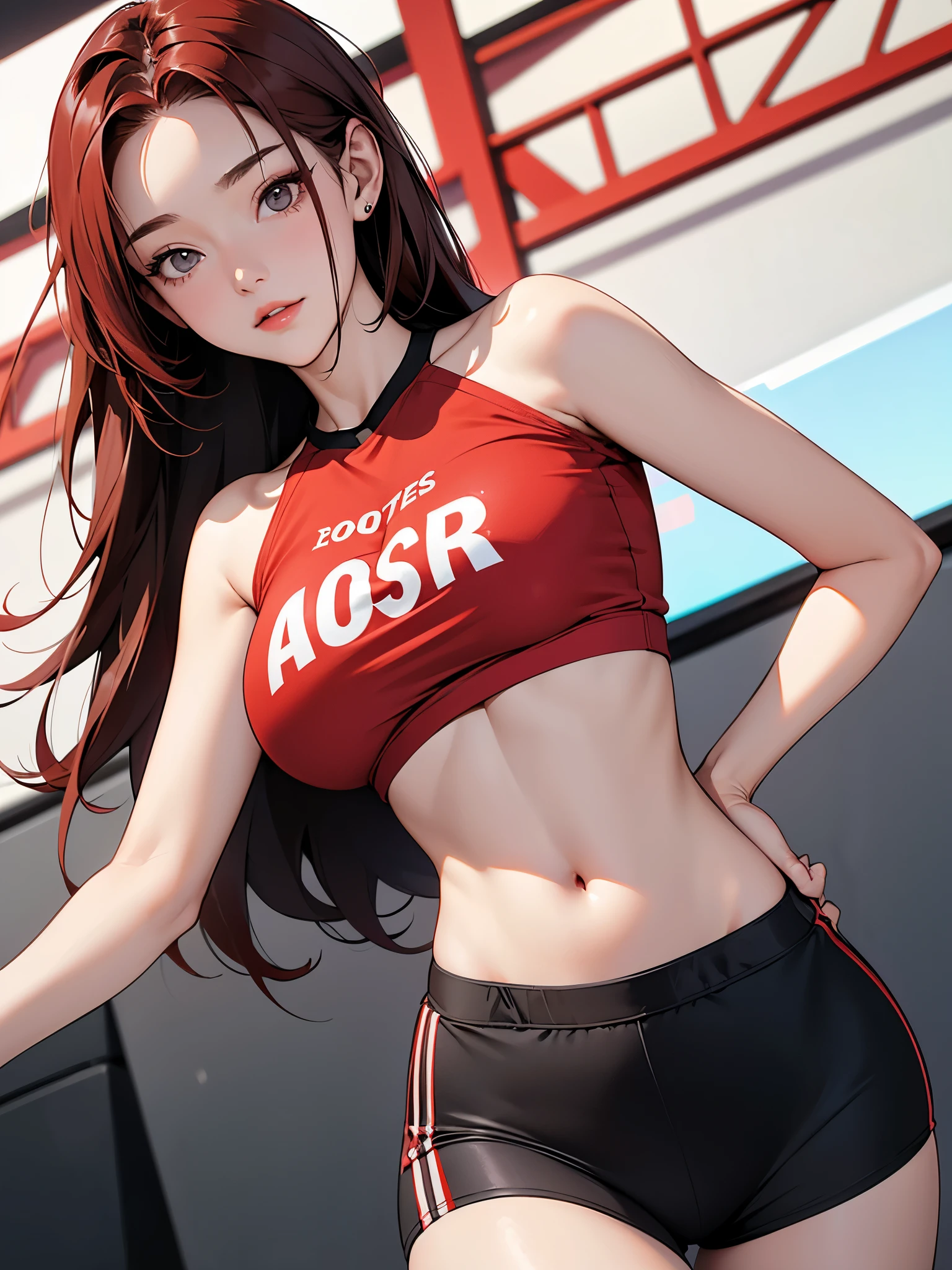 A fit young woman in her 20s. wearing a red sports top and black cycling shorts. She has shoulder-length straight red hair. no background. on the stage. 카메라를 바라본다
huge boobs.