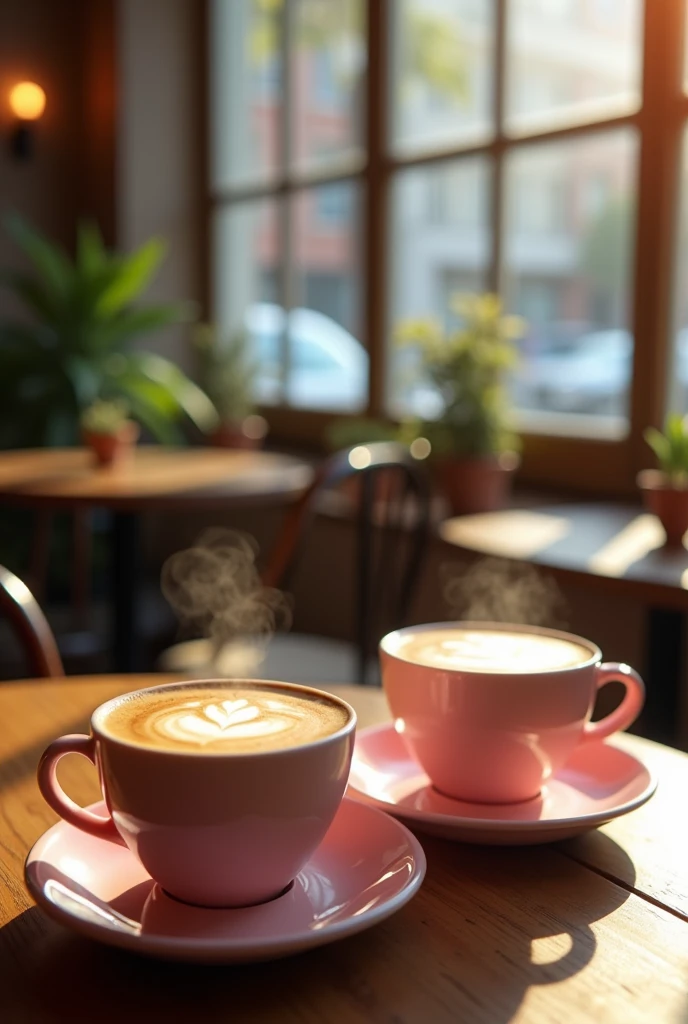 Two cups of coffee with generous amounts of fresh cream, served in pink cups.
