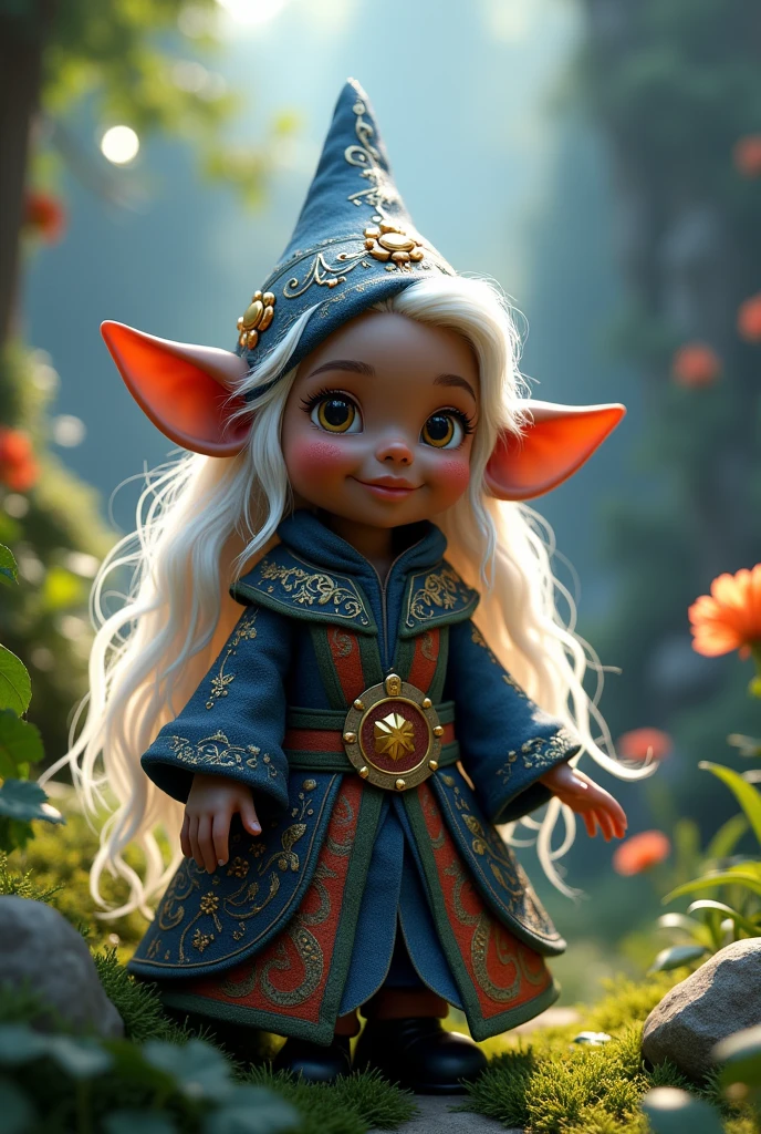 a gnome character with black skin and white hair, disney pixar style animation, anime style, rpg character, detailed face and features, intricate costume design, magical glowing effects, vibrant colors, highly detailed, 8k, hyper realistic, cinematic lighting, dramatic composition, fantasy landscape background, ethereal atmosphere