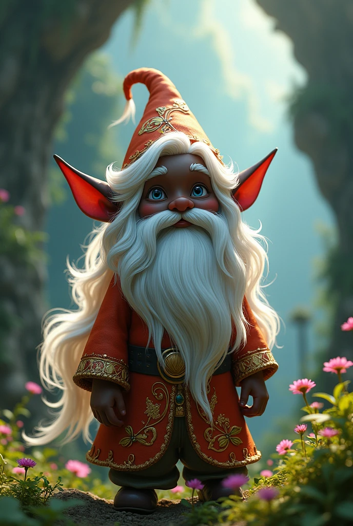 a gnome character with black skin and white hair, disney pixar style animation, anime style, rpg character, detailed face and features, intricate costume design, magical glowing effects, vibrant colors, highly detailed, 8k, hyper realistic, cinematic lighting, dramatic composition, fantasy landscape background, ethereal atmosphere