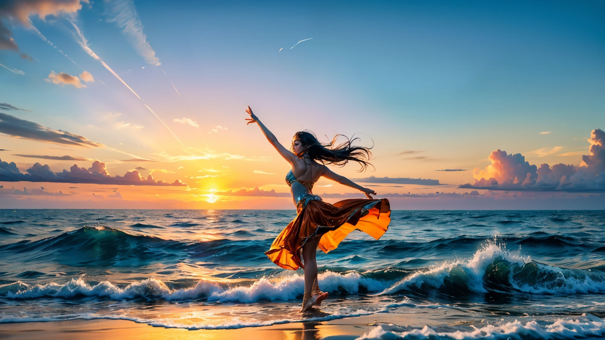 (Dancers on the Sea Surface:1.2), with graceful arms outstretched and twirling skirt, graces on the Golden_Sea Surface in a breathtaking ultravarium realism , full body panorama, the sunset, bathed in (hues_orange and hue_red), casts its warm_glow across the scene, reflecting off the shimmering ocean waves,. the dancer's form is intricately detailed, every curve and muscle visible in this high-definition, realistic rendering, textured Splash on the Sea Surface beneath her feet seems to come alive as the sunlight dances upon it, while the sky above is alive with vivid hue_ultraviolet that add an ethereal quality to the scene, She (Dancing on the Sea Surface)